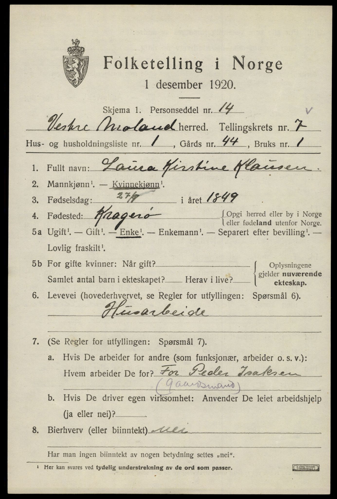 SAK, Folketelling 1920 for 0926 Vestre Moland herred, 1920, s. 4795