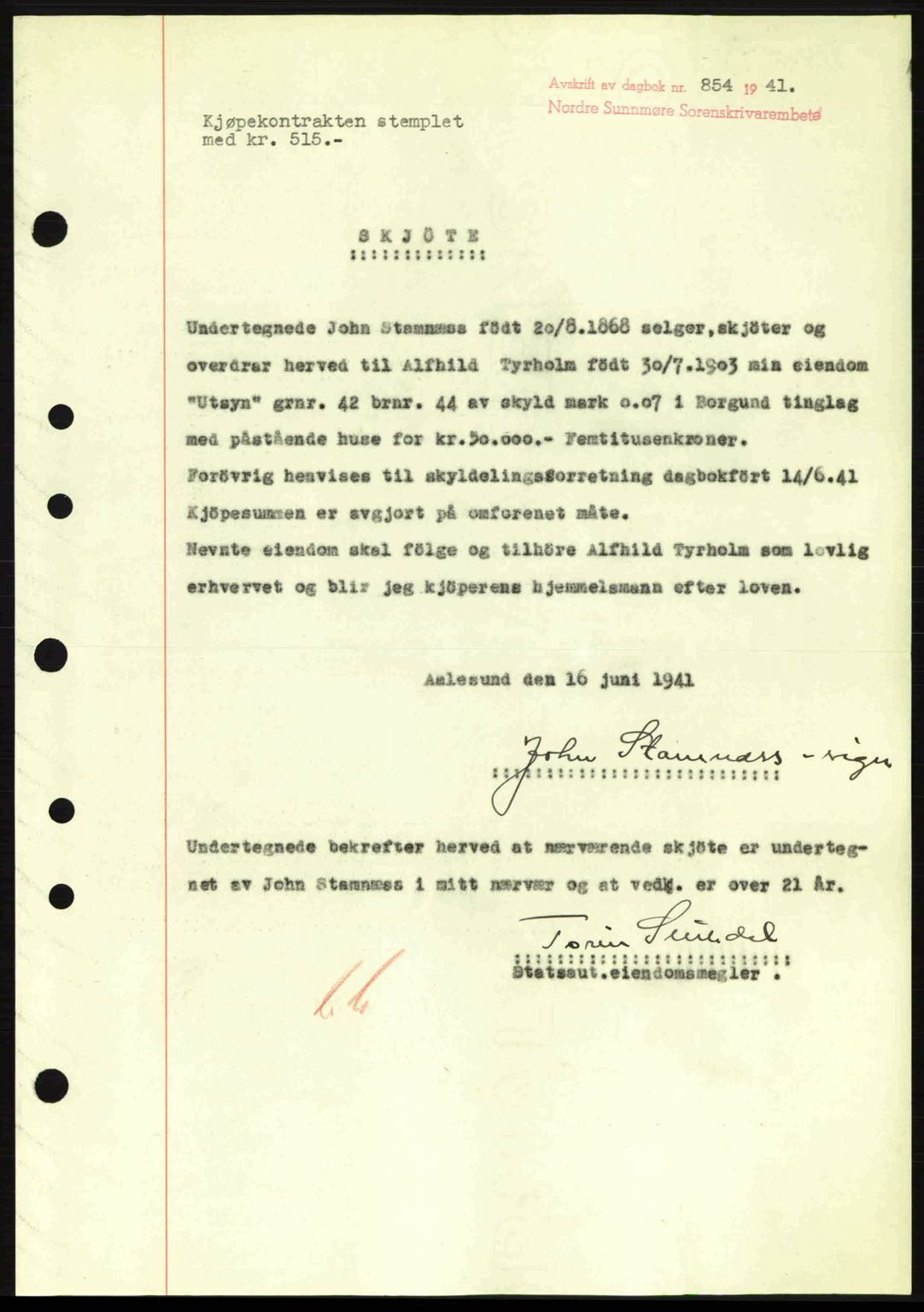 Nordre Sunnmøre sorenskriveri, SAT/A-0006/1/2/2C/2Ca: Pantebok nr. A11, 1941-1941, Dagboknr: 854/1941