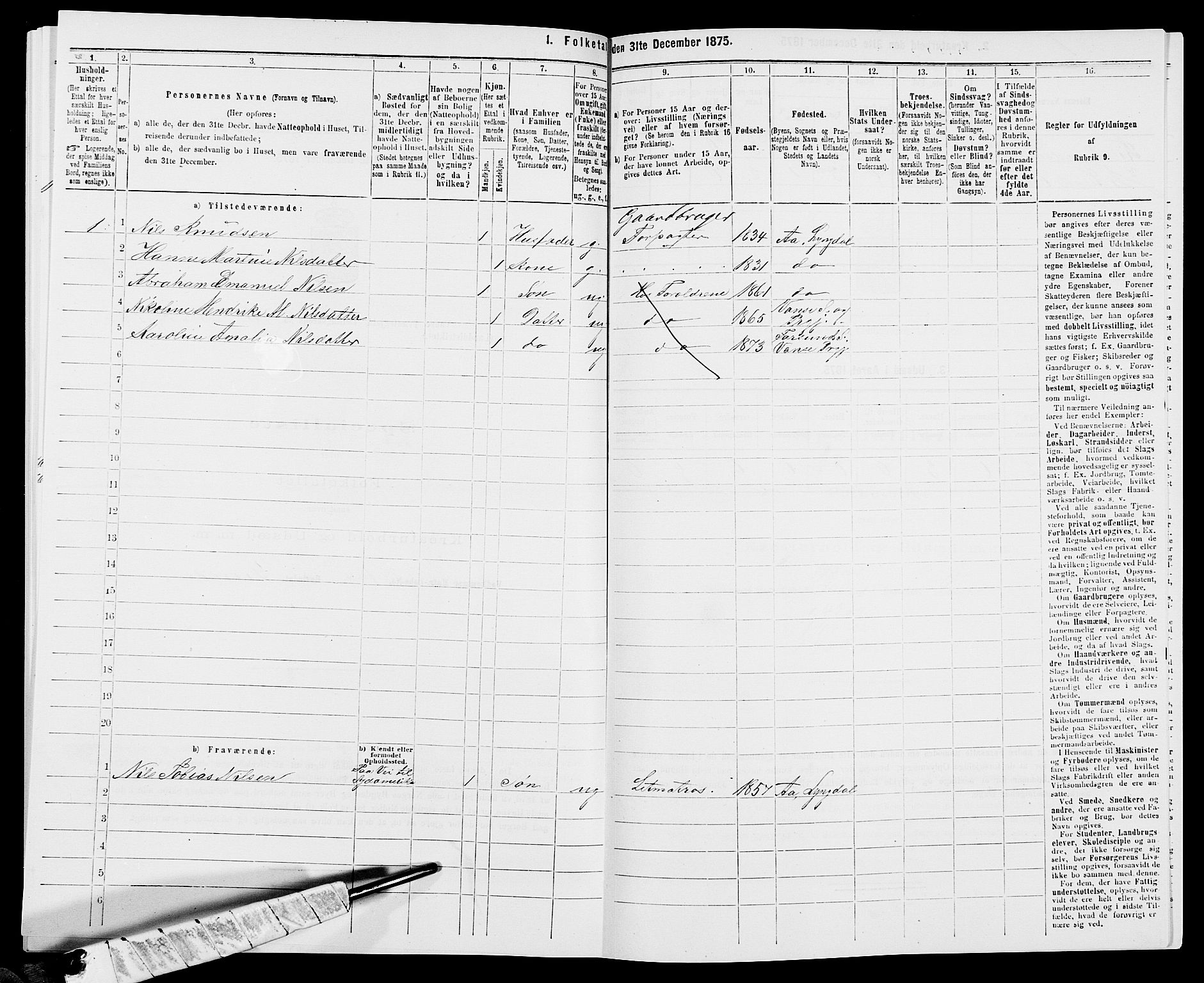 SAK, Folketelling 1875 for 1041L Vanse prestegjeld, Vanse sokn og Farsund landsokn, 1875, s. 291