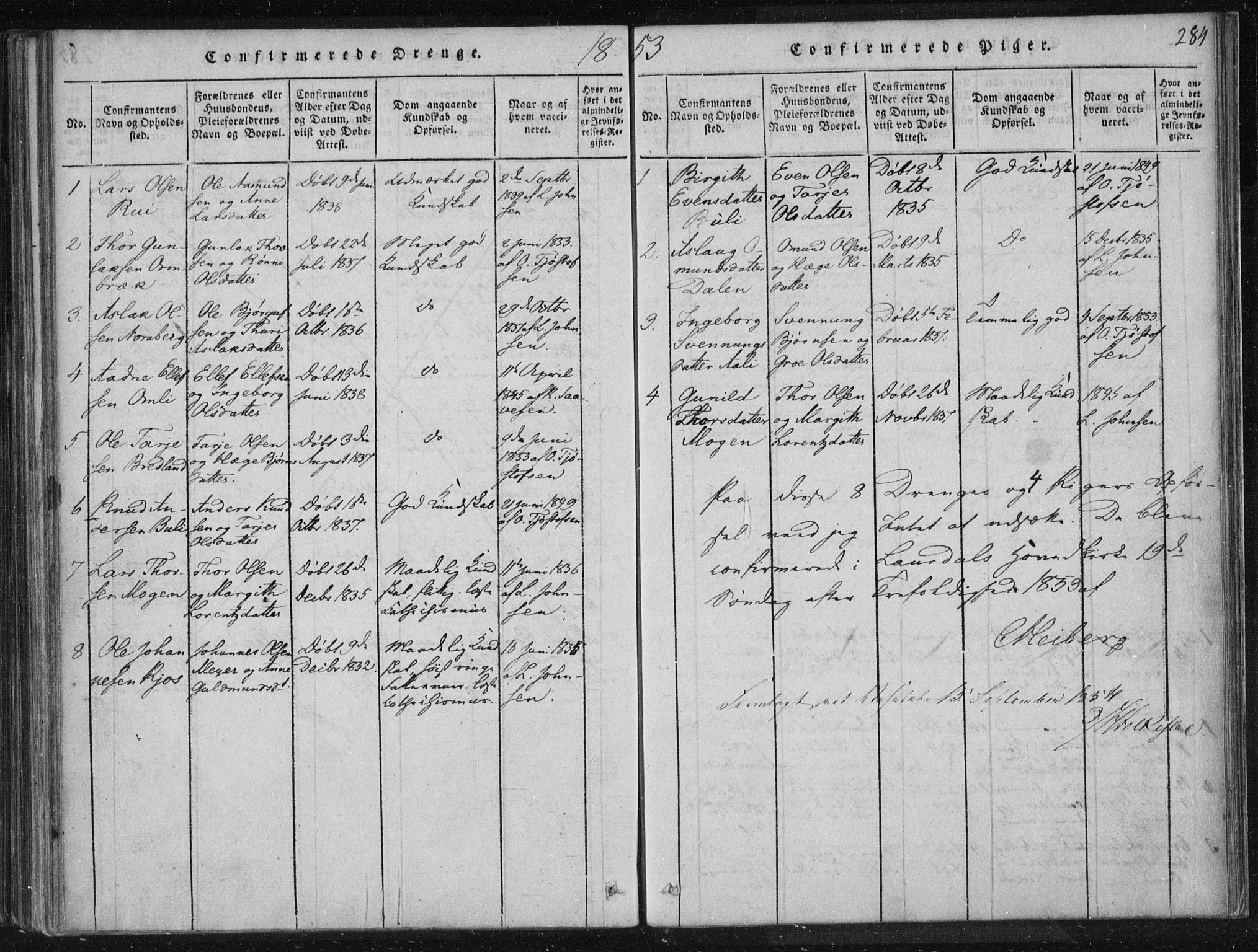 Lårdal kirkebøker, SAKO/A-284/F/Fc/L0001: Ministerialbok nr. III 1, 1815-1860, s. 284
