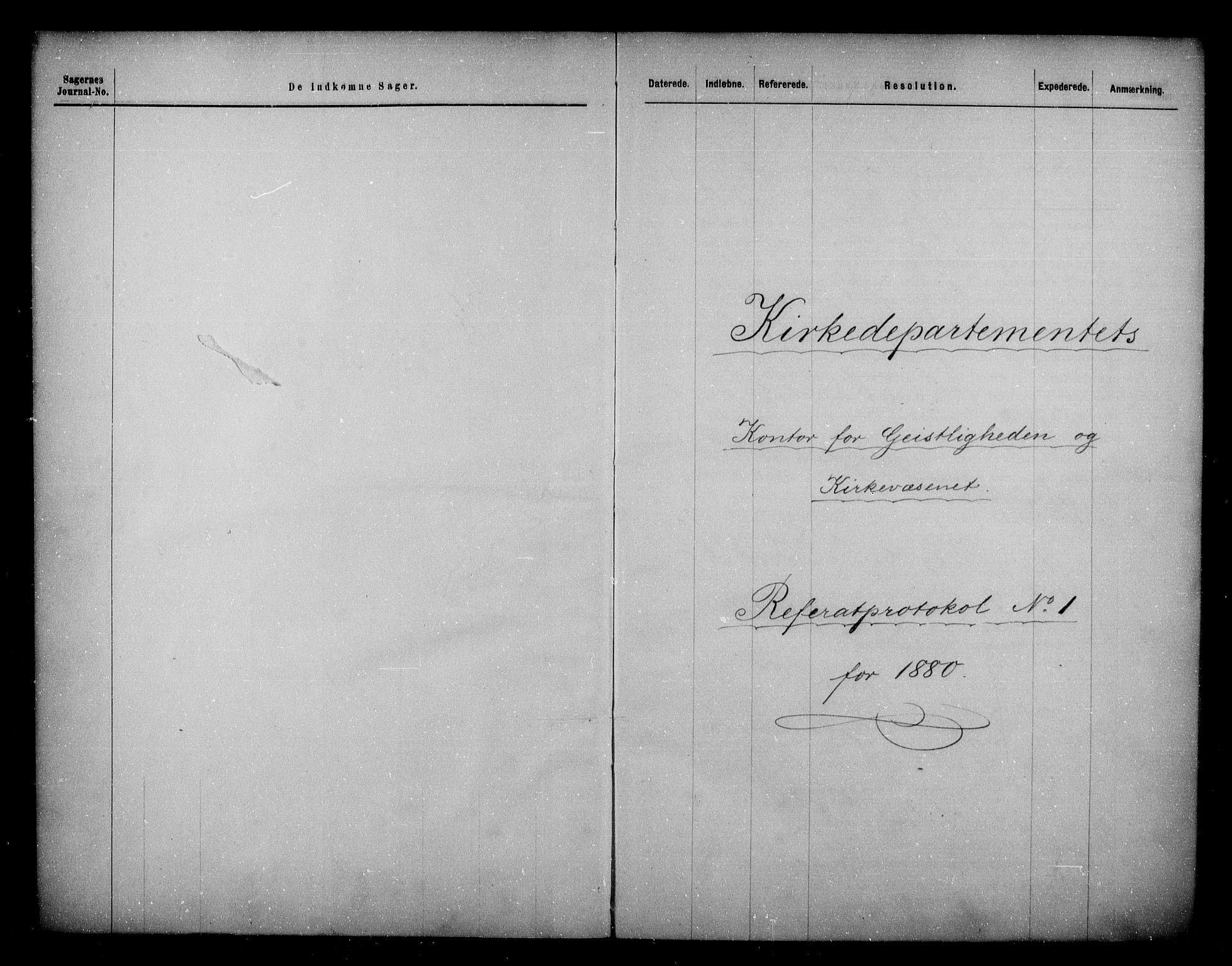 Kirke- og undervisningsdepartementet, Kontoret  for kirke og geistlighet A, AV/RA-S-1007/A/Aa/L0206: Referatprotokoll bd. 1. Ref.nr. 1-111, 1880