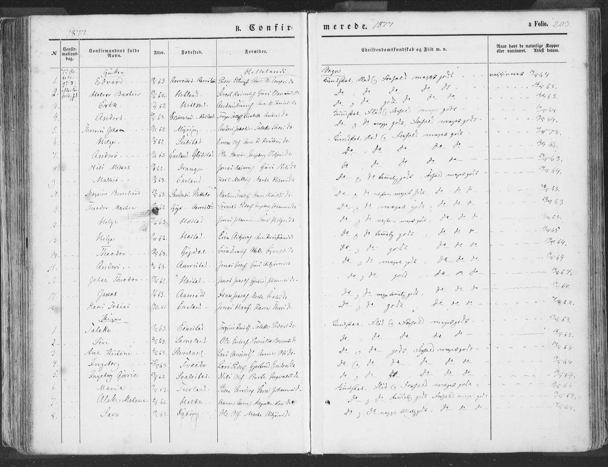Helleland sokneprestkontor, SAST/A-101810: Ministerialbok nr. A 7.1, 1863-1886, s. 203