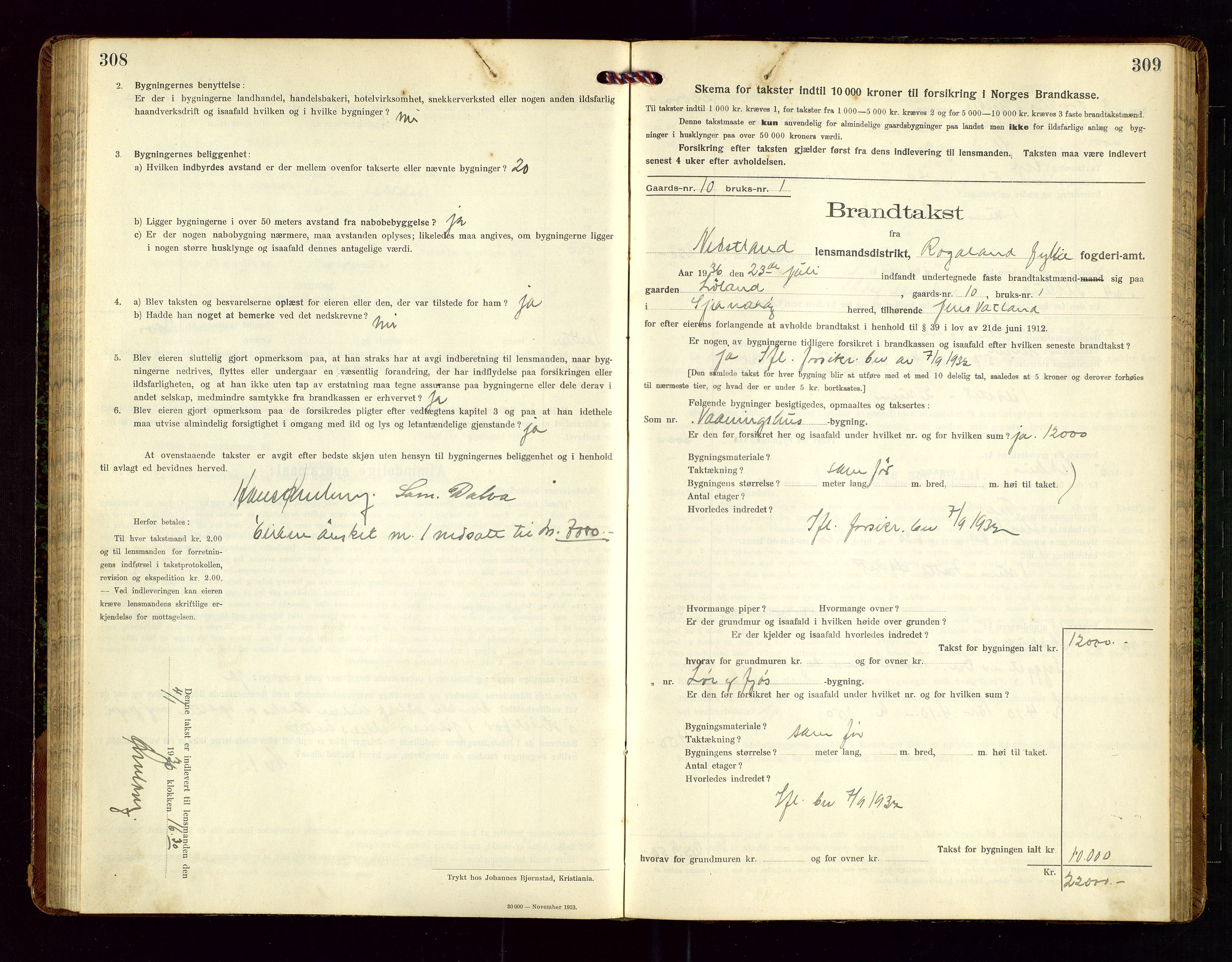 Nedstrand lensmannskontor, SAST/A-100236/Gob/L0002: "Brandtakstprotokol for Nerstrand lensmandsdistrikt Rogaland Fylke", 1916-1949, s. 308-309