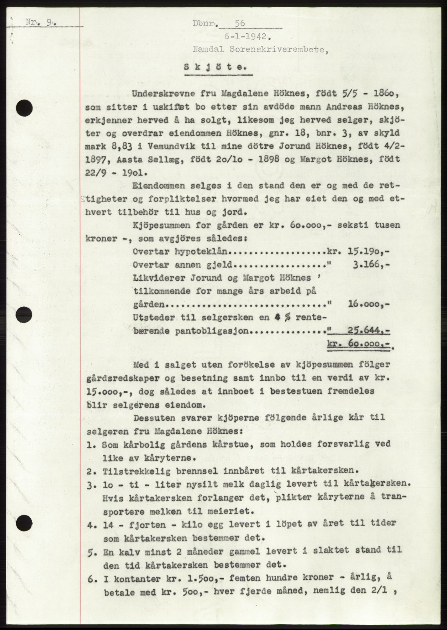 Namdal sorenskriveri, SAT/A-4133/1/2/2C: Pantebok nr. -, 1941-1942, Dagboknr: 56/1942