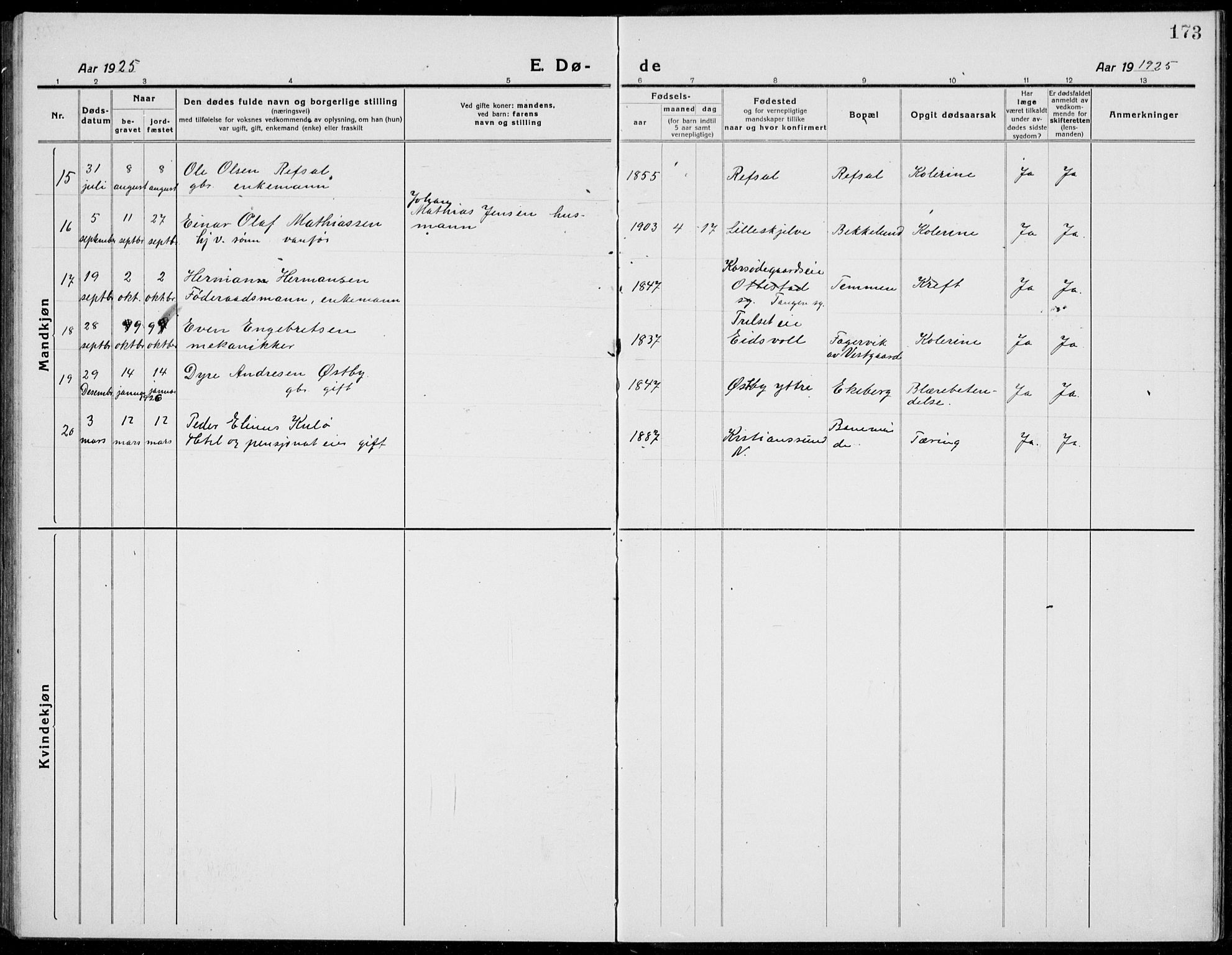 Stange prestekontor, AV/SAH-PREST-002/L/L0017: Klokkerbok nr. 17, 1918-1936, s. 173