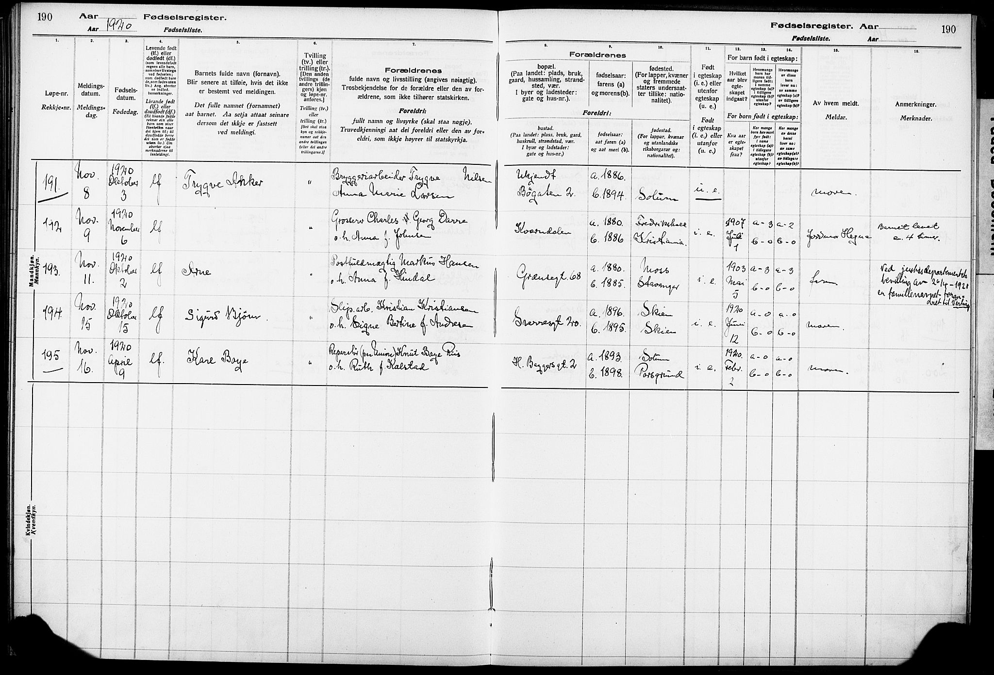 Skien kirkebøker, AV/SAKO-A-302/J/Ja/L0001: Fødselsregister nr. 1, 1916-1920, s. 190