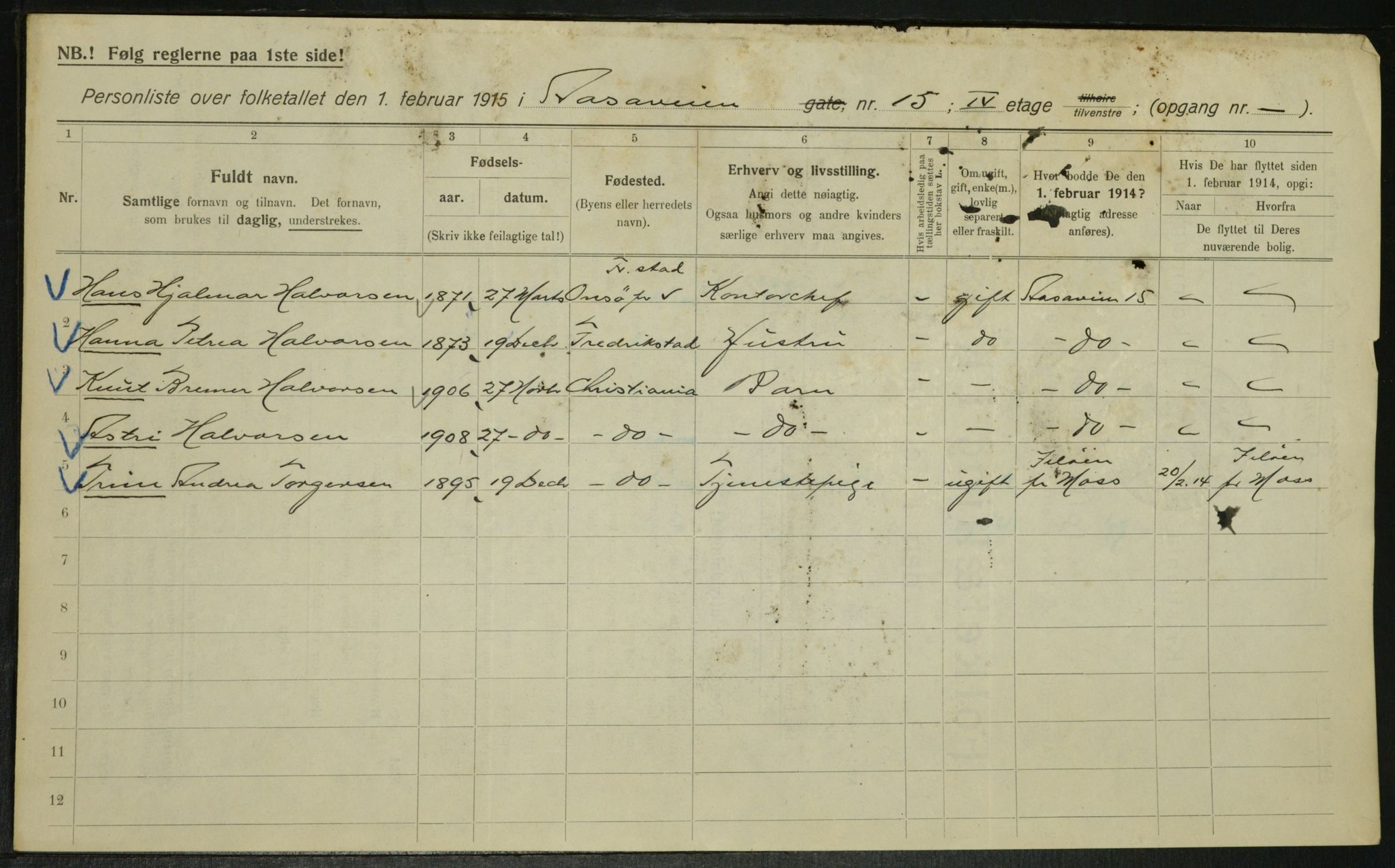 OBA, Kommunal folketelling 1.2.1915 for Kristiania, 1915, s. 131626