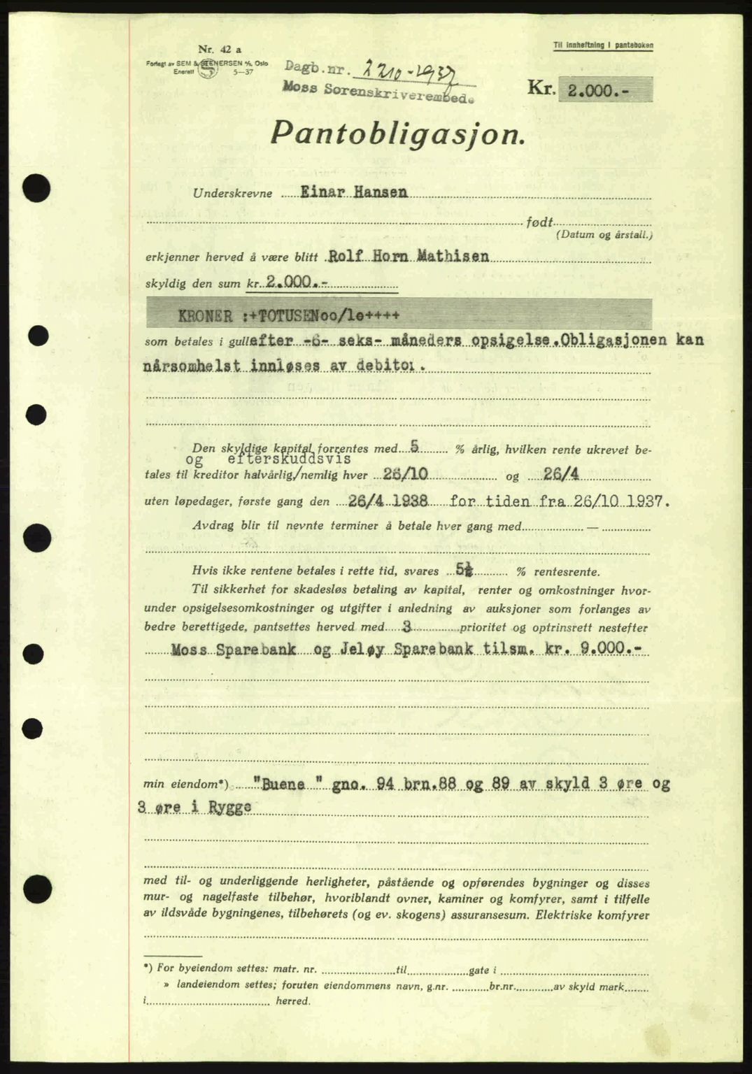 Moss sorenskriveri, SAO/A-10168: Pantebok nr. B4, 1937-1938, Dagboknr: 2210/1937