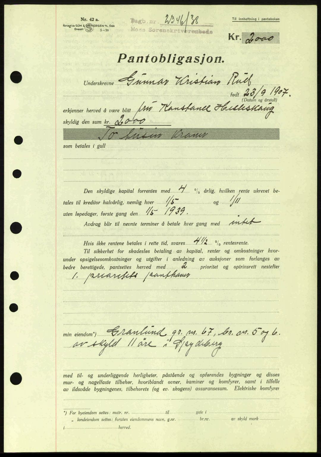 Moss sorenskriveri, SAO/A-10168: Pantebok nr. B6, 1938-1938, Dagboknr: 2346/1938
