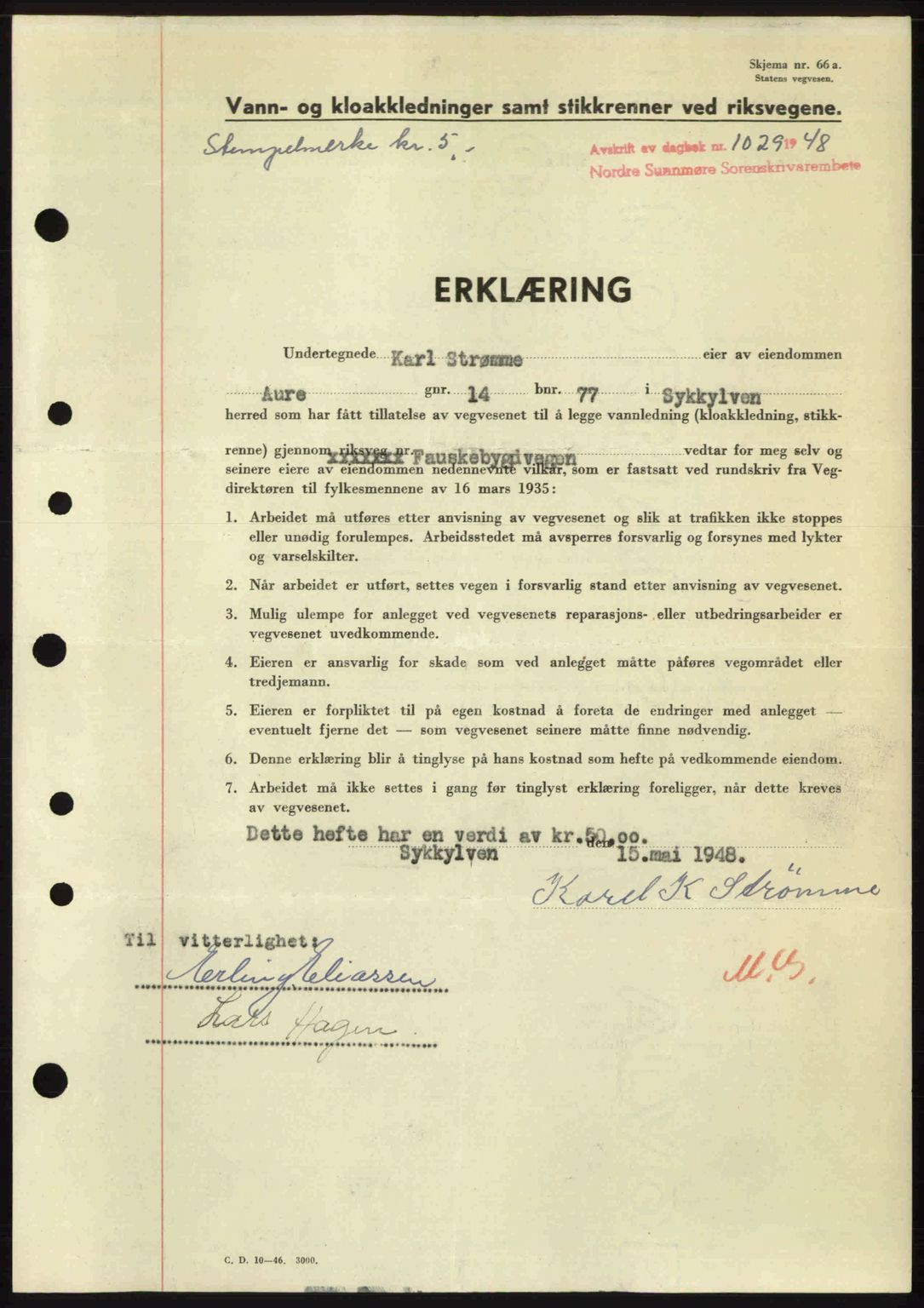 Nordre Sunnmøre sorenskriveri, AV/SAT-A-0006/1/2/2C/2Ca: Pantebok nr. A28, 1948-1948, Dagboknr: 1029/1948