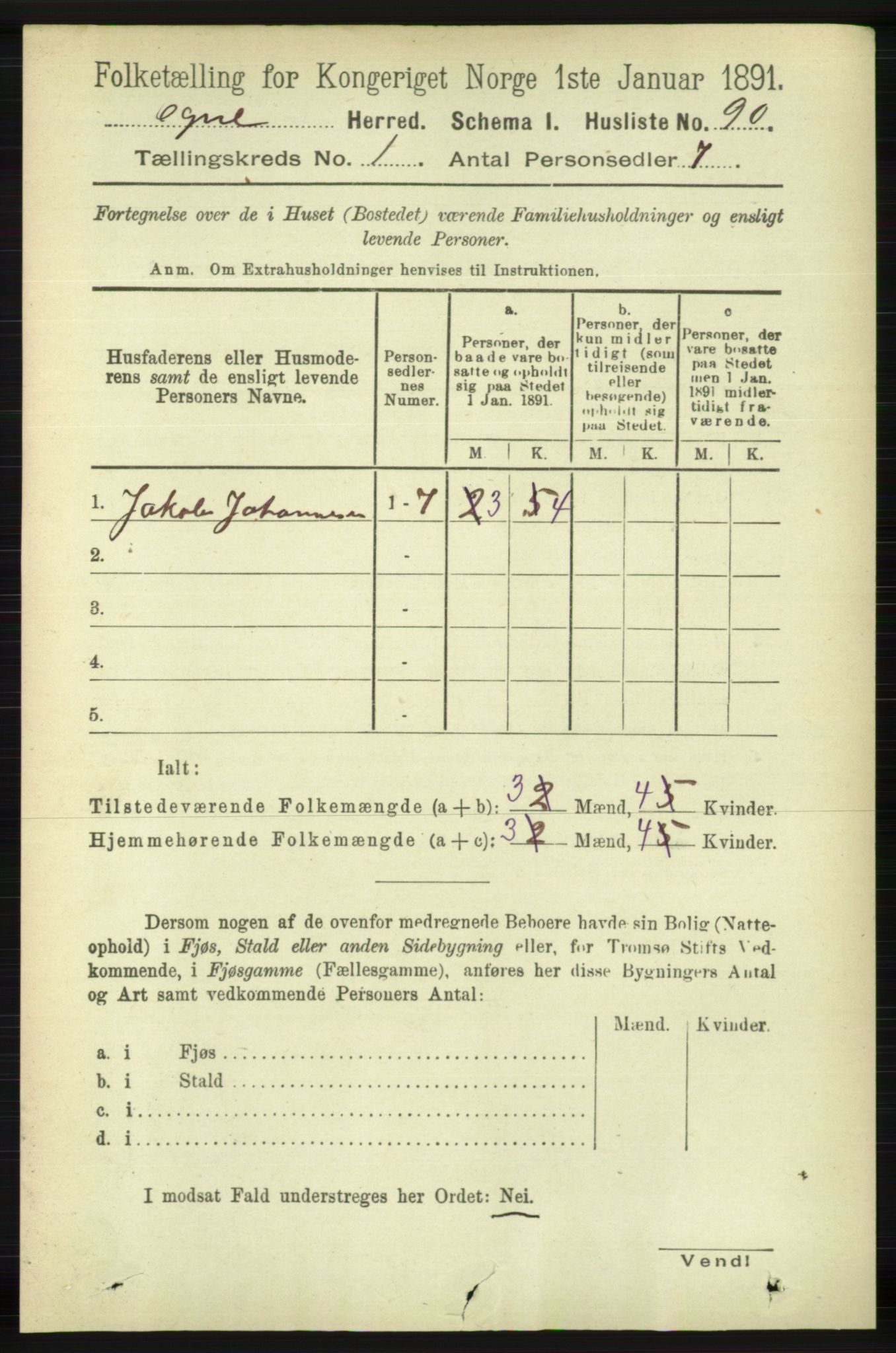 RA, Folketelling 1891 for 1117 Ogna herred, 1891, s. 100