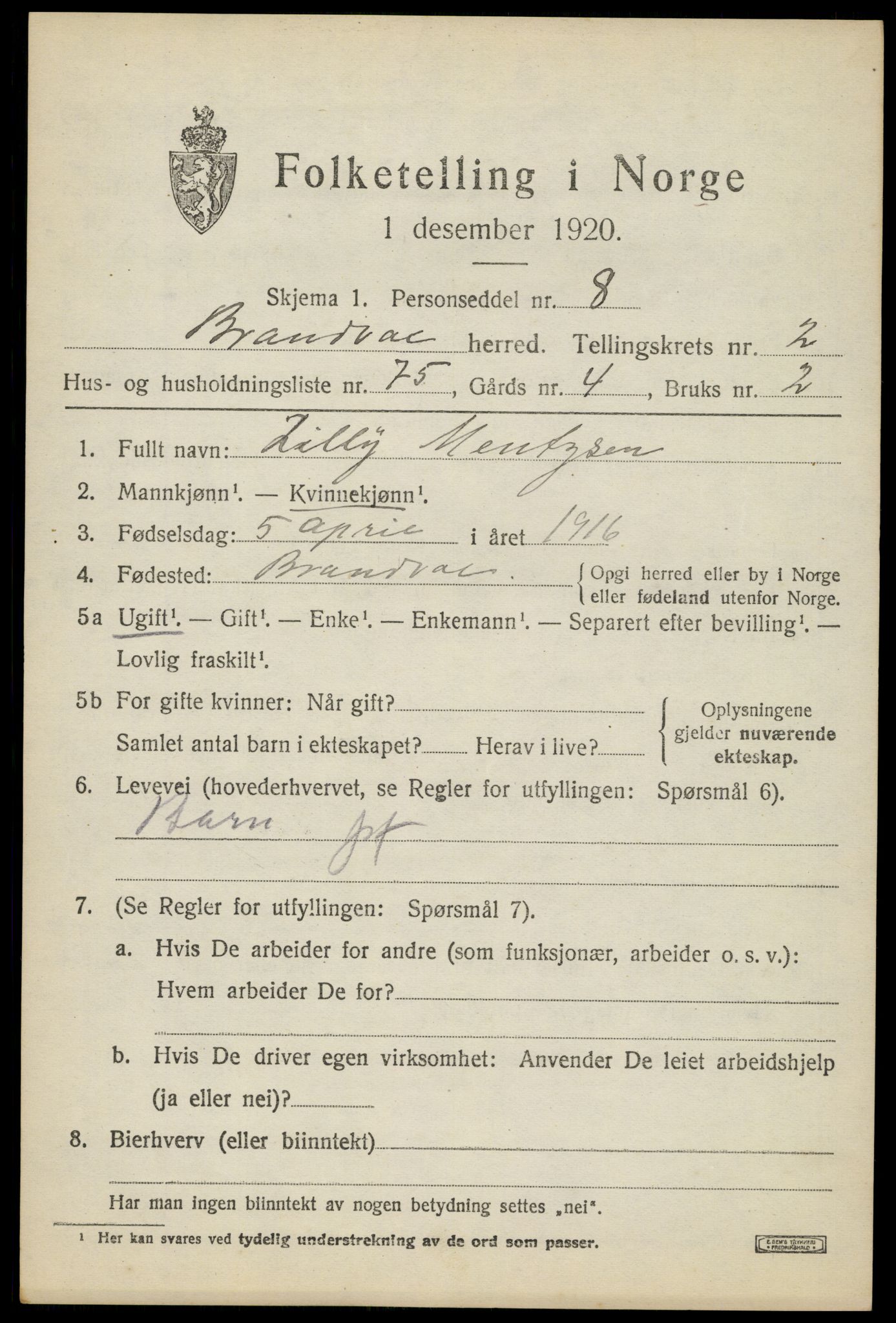 SAH, Folketelling 1920 for 0422 Brandval herred, 1920, s. 2994