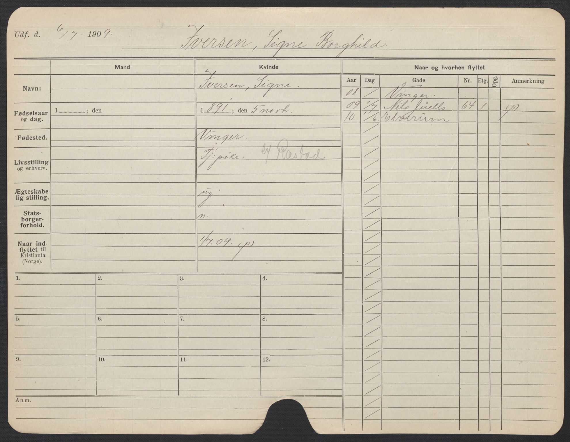 Oslo folkeregister, Registerkort, AV/SAO-A-11715/F/Fa/Fac/L0017: Kvinner, 1906-1914, s. 124a