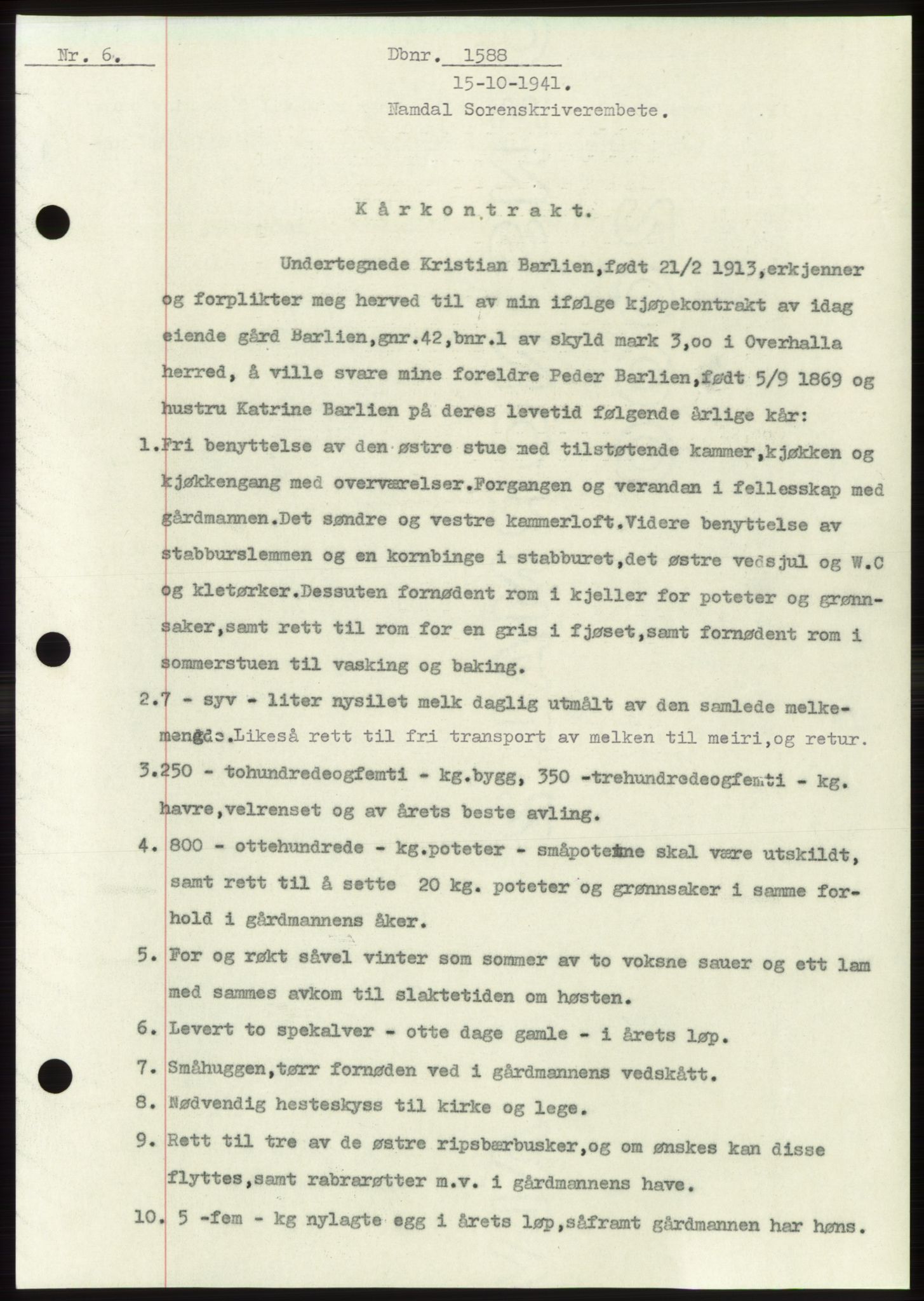Namdal sorenskriveri, SAT/A-4133/1/2/2C: Pantebok nr. -, 1941-1942, Dagboknr: 1588/1941