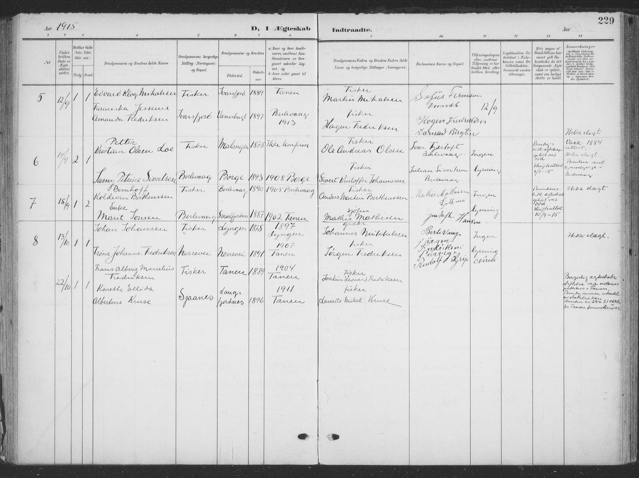 Tana sokneprestkontor, AV/SATØ-S-1334/H/Ha/L0007kirke: Ministerialbok nr. 7, 1904-1918, s. 229