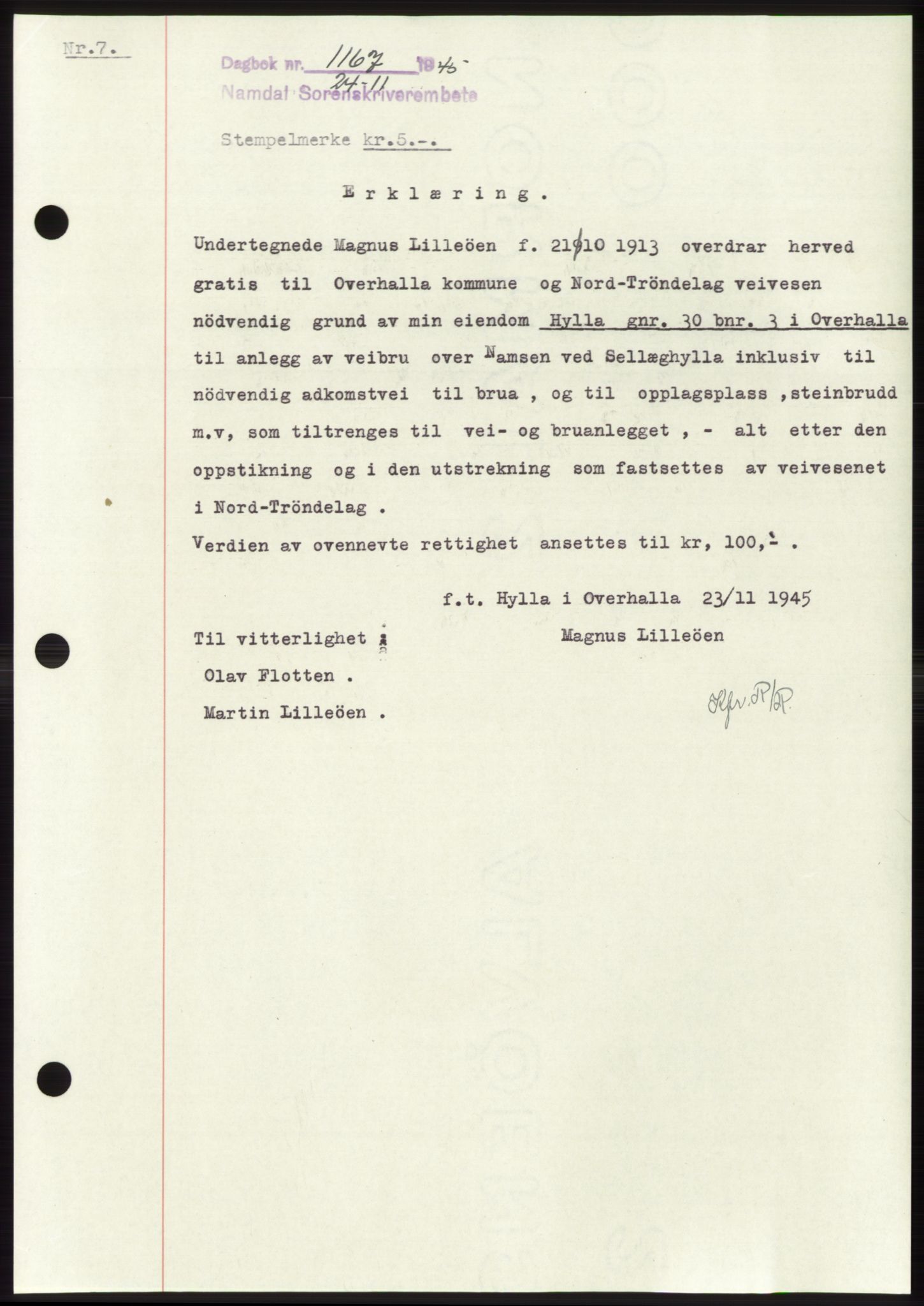 Namdal sorenskriveri, SAT/A-4133/1/2/2C: Pantebok nr. -, 1944-1945, Dagboknr: 1167/1945