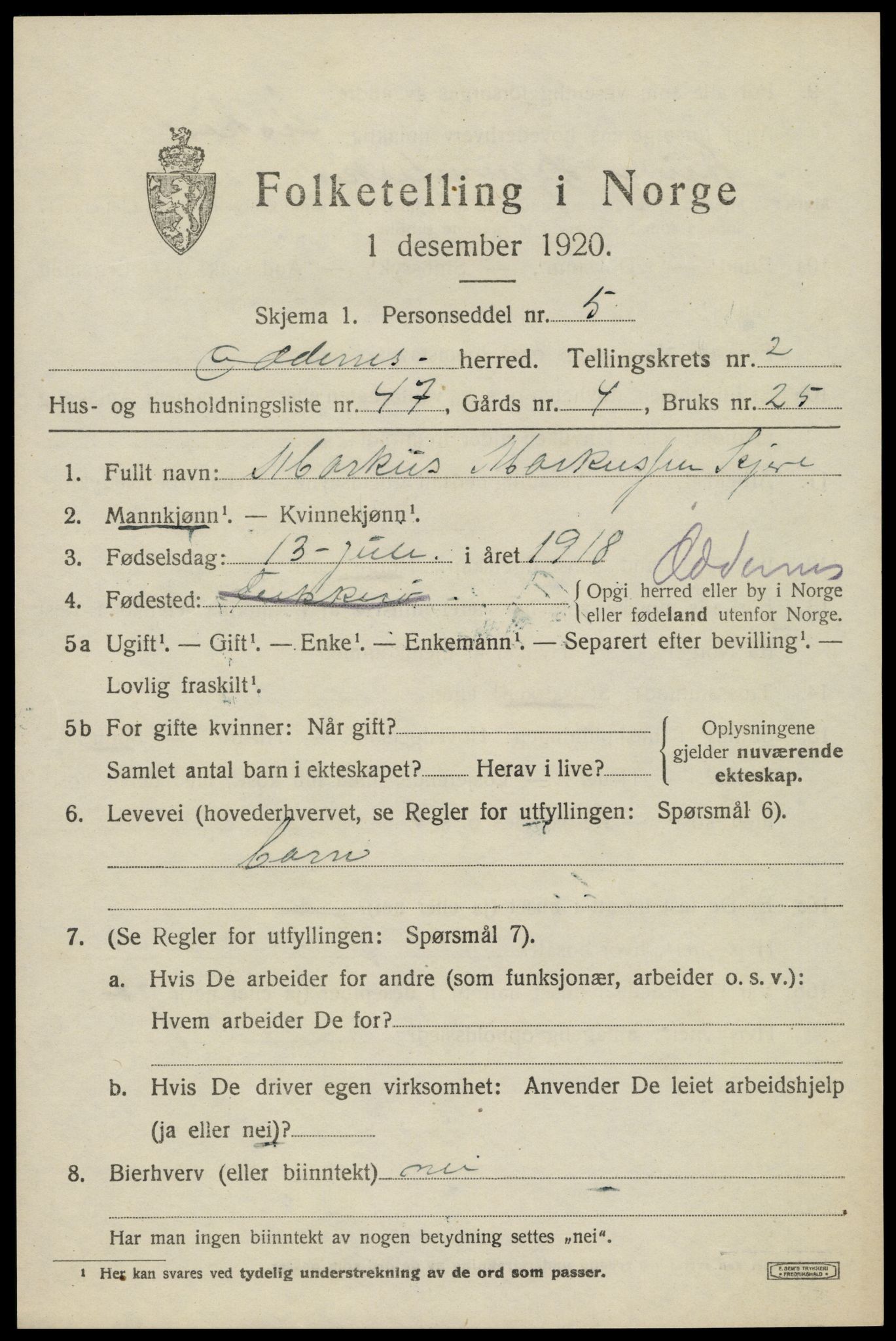 SAK, Folketelling 1920 for 1012 Oddernes herred, 1920, s. 3311