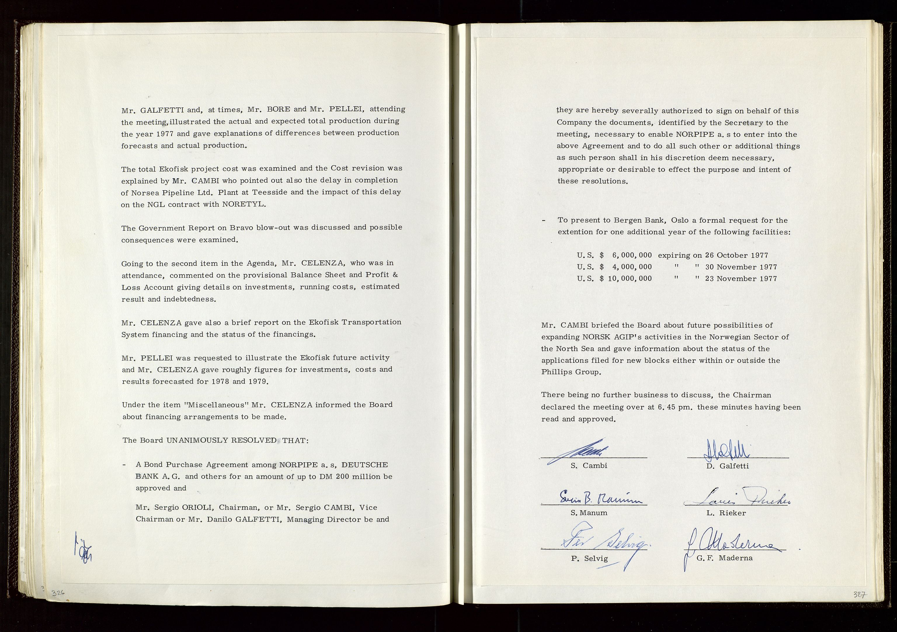 Pa 1583 - Norsk Agip AS, AV/SAST-A-102138/A/Aa/L0002: General assembly and Board of Directors meeting minutes, 1972-1979, s. 326-327