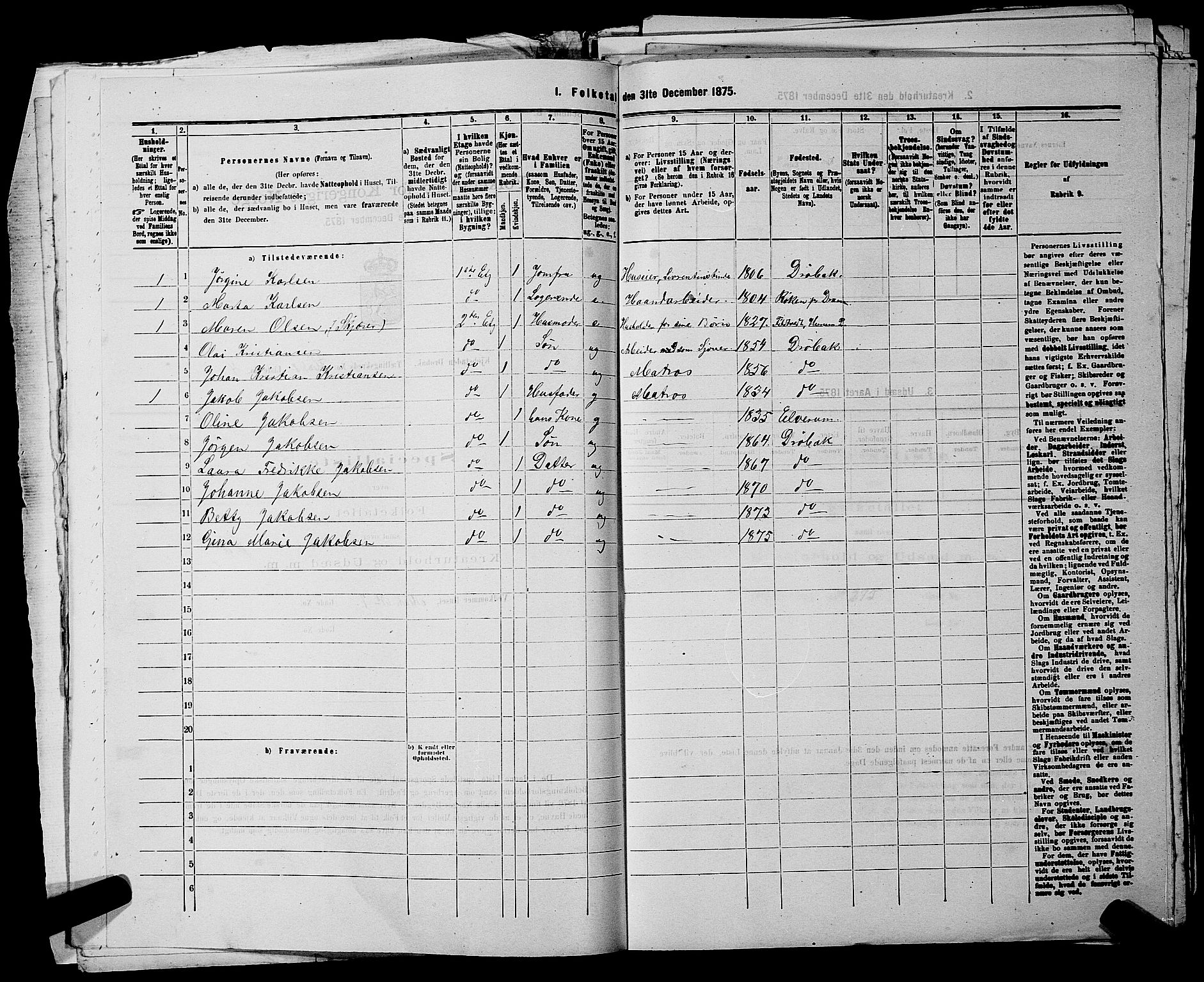 RA, Folketelling 1875 for 0203B Drøbak prestegjeld, Drøbak kjøpstad, 1875, s. 476