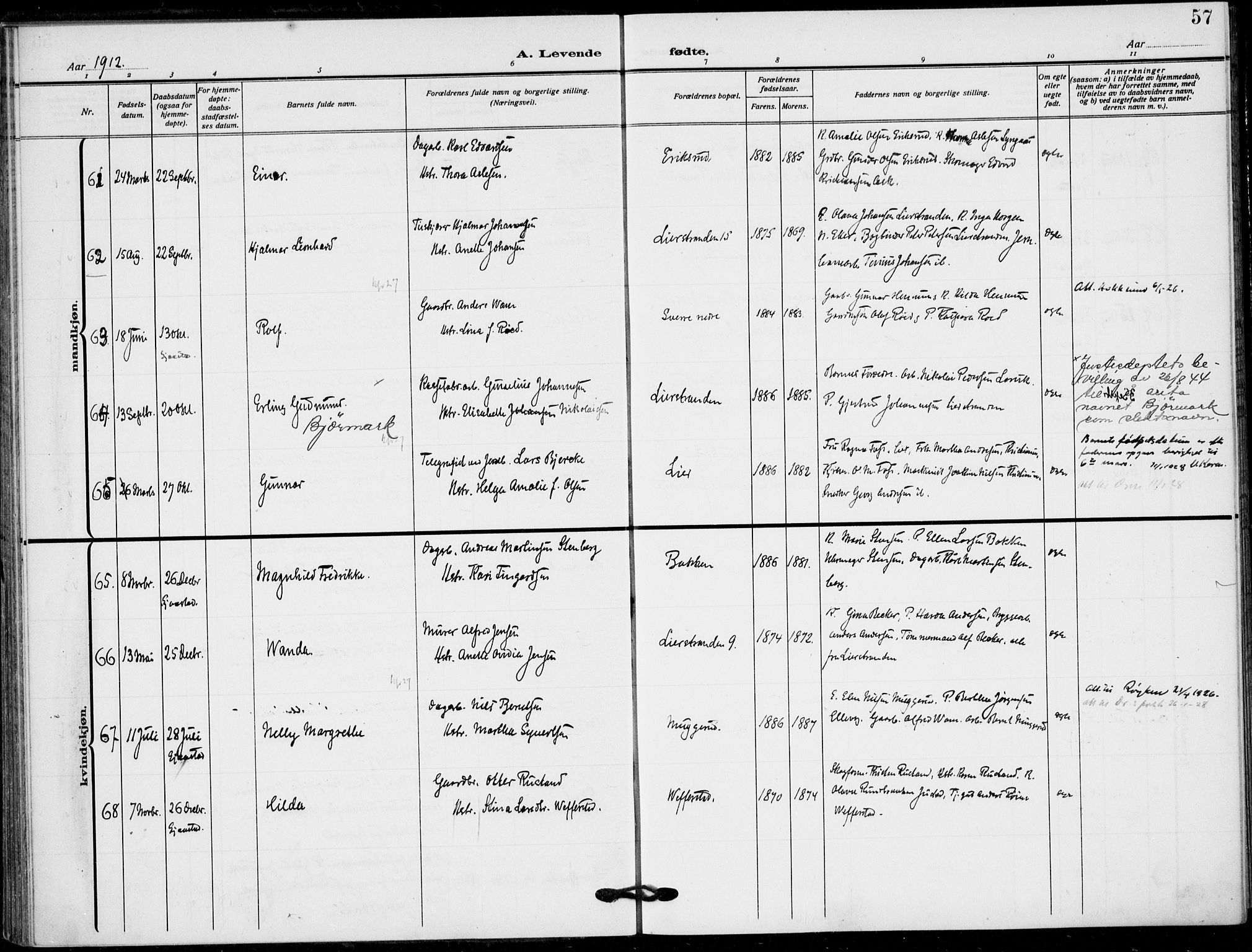 Lier kirkebøker, AV/SAKO-A-230/F/Fa/L0018: Ministerialbok nr. I 18, 1909-1917, s. 57