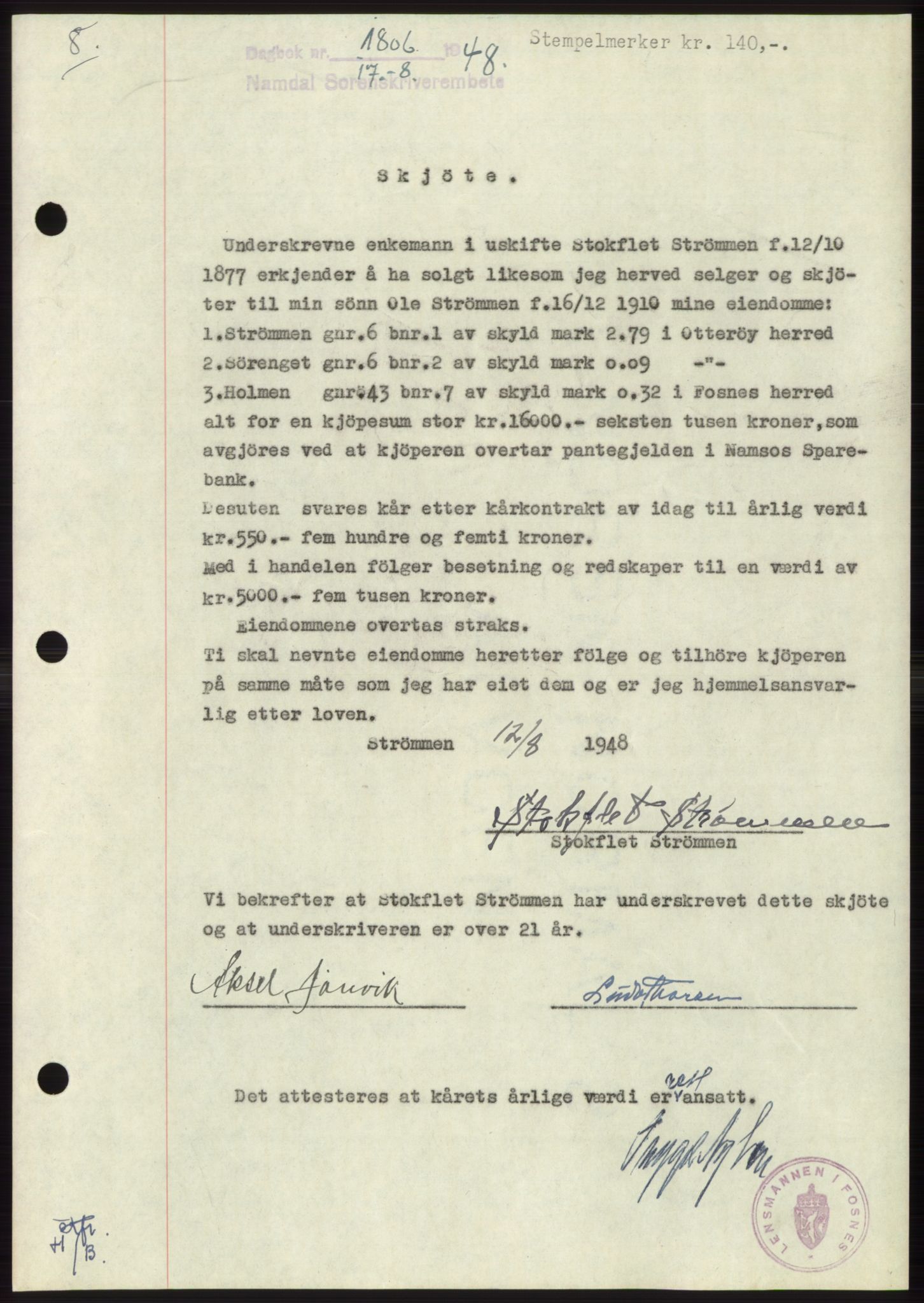 Namdal sorenskriveri, SAT/A-4133/1/2/2C: Pantebok nr. -, 1948-1948, Dagboknr: 1806/1948
