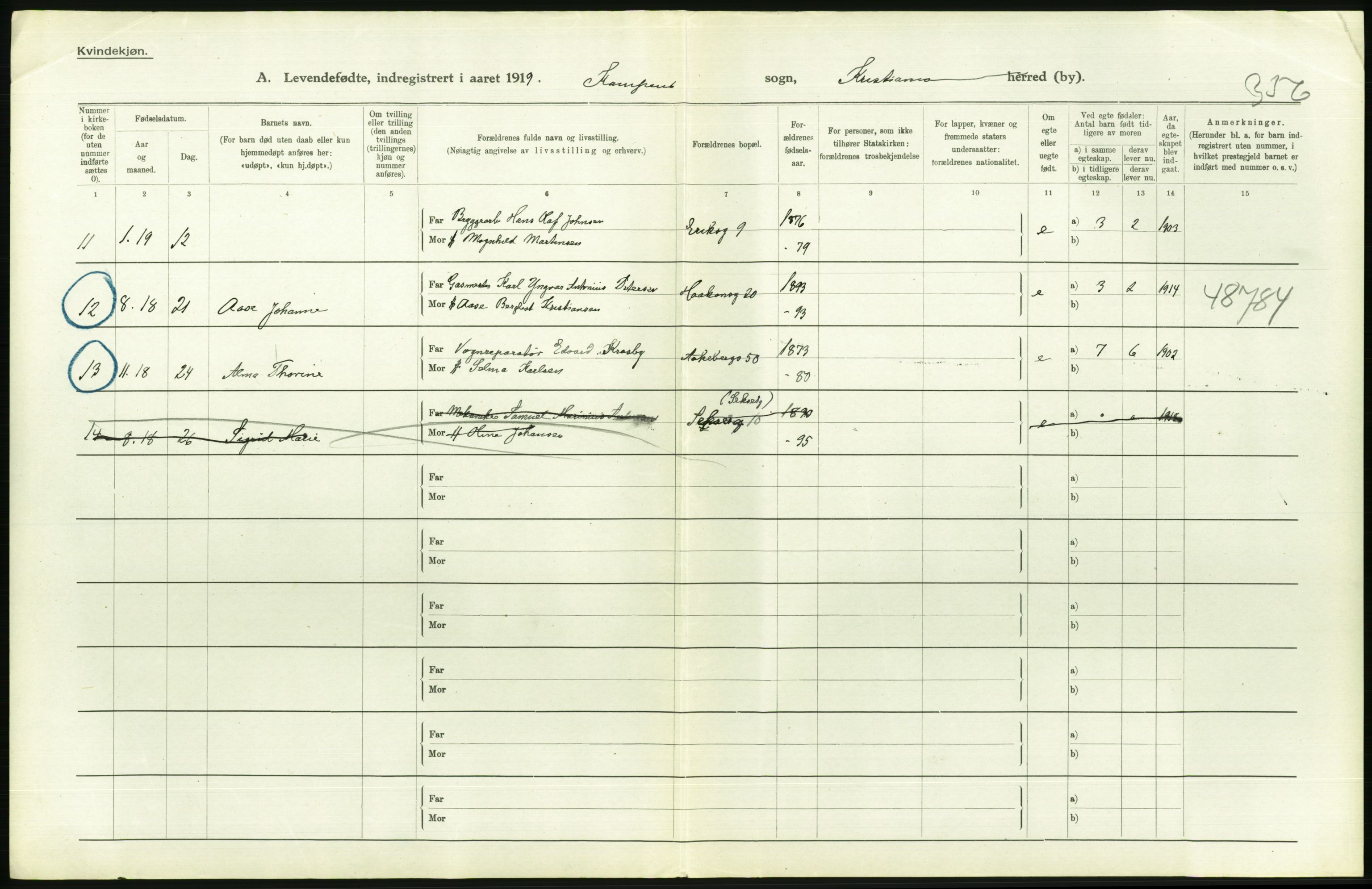 Statistisk sentralbyrå, Sosiodemografiske emner, Befolkning, AV/RA-S-2228/D/Df/Dfb/Dfbi/L0008: Kristiania: Levendefødte menn og kvinner., 1919