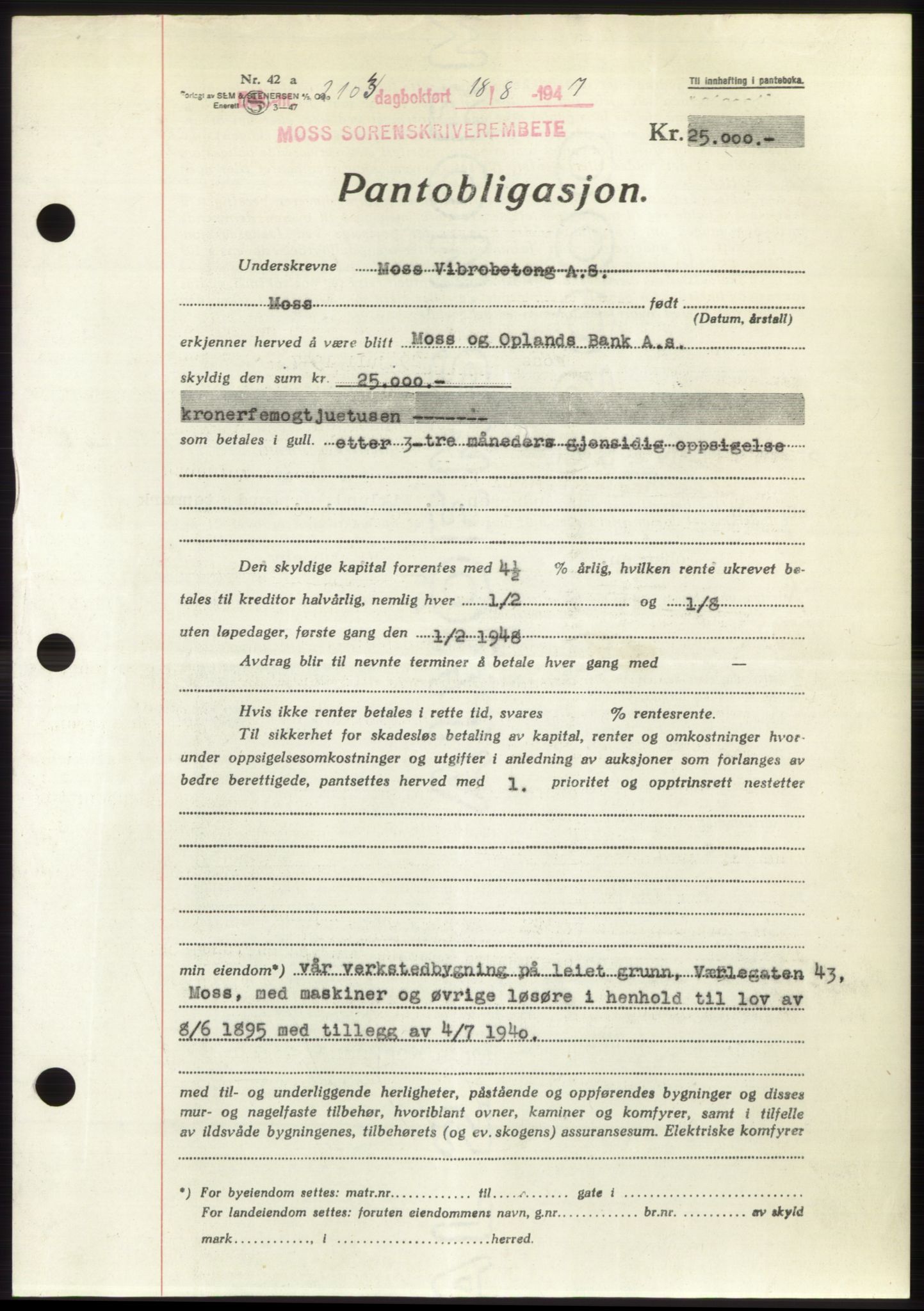 Moss sorenskriveri, SAO/A-10168: Pantebok nr. B17, 1947-1947, Dagboknr: 2103/1947