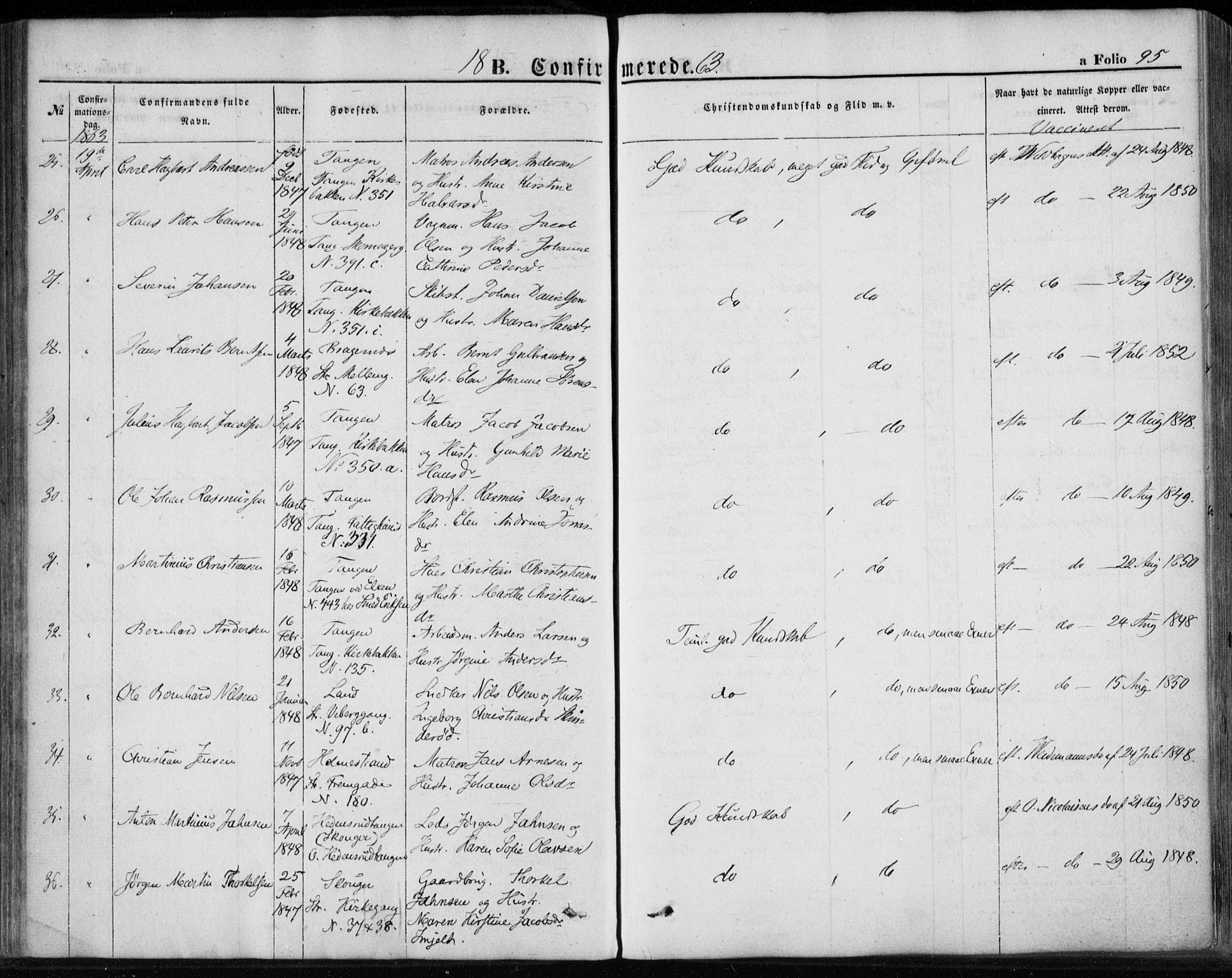 Strømsø kirkebøker, AV/SAKO-A-246/F/Fa/L0017: Ministerialbok nr. I 17, 1848-1865, s. 95