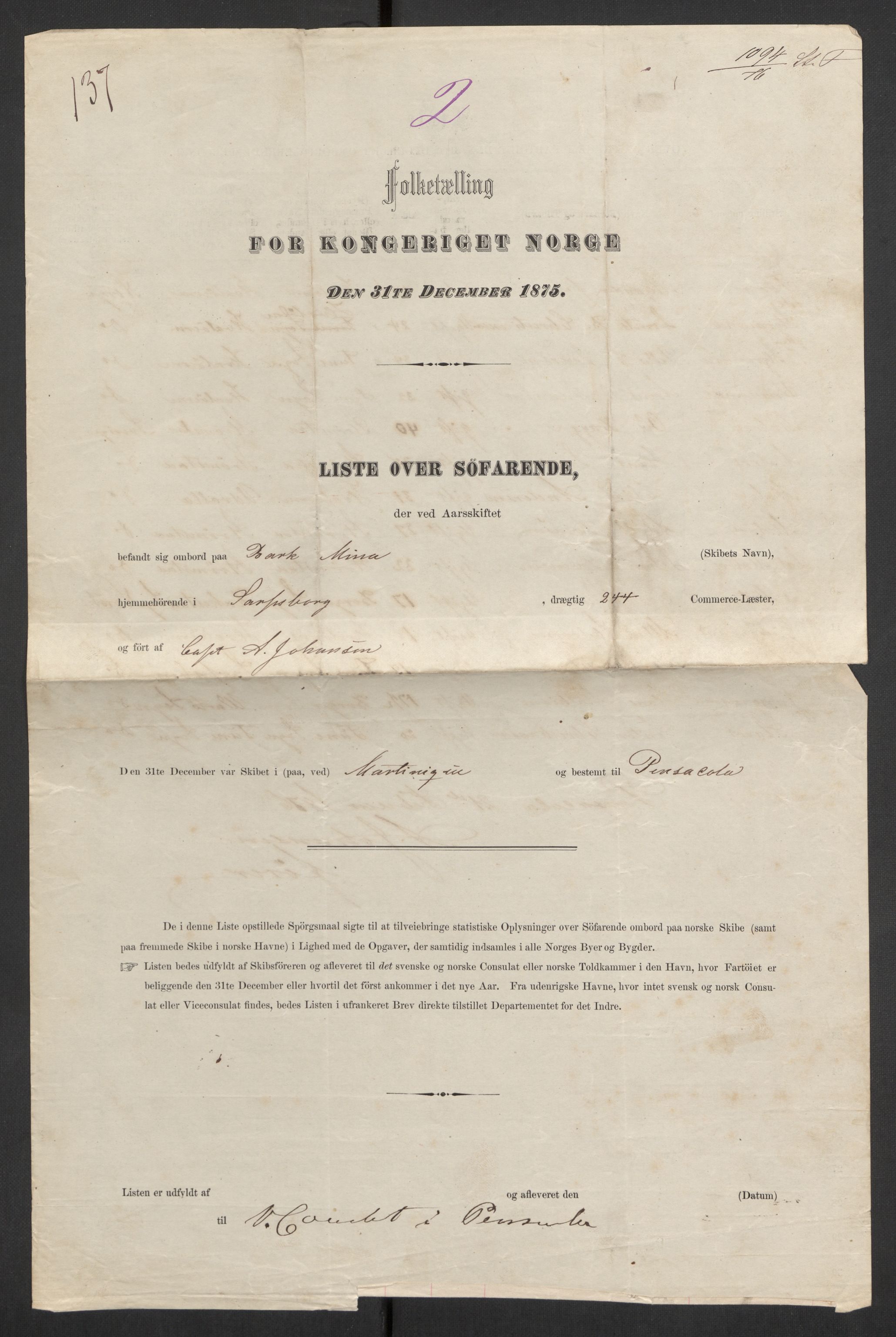 RA, Folketelling 1875, skipslister: Skip i utenrikske havner, hjemmehørende i byer og ladesteder, Fredrikshald - Arendal, 1875, s. 33