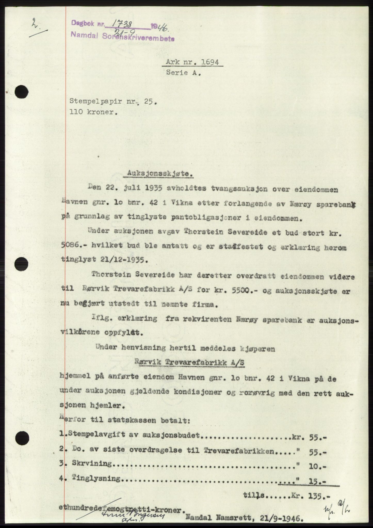 Namdal sorenskriveri, SAT/A-4133/1/2/2C: Pantebok nr. -, 1946-1947, Dagboknr: 1738/1946