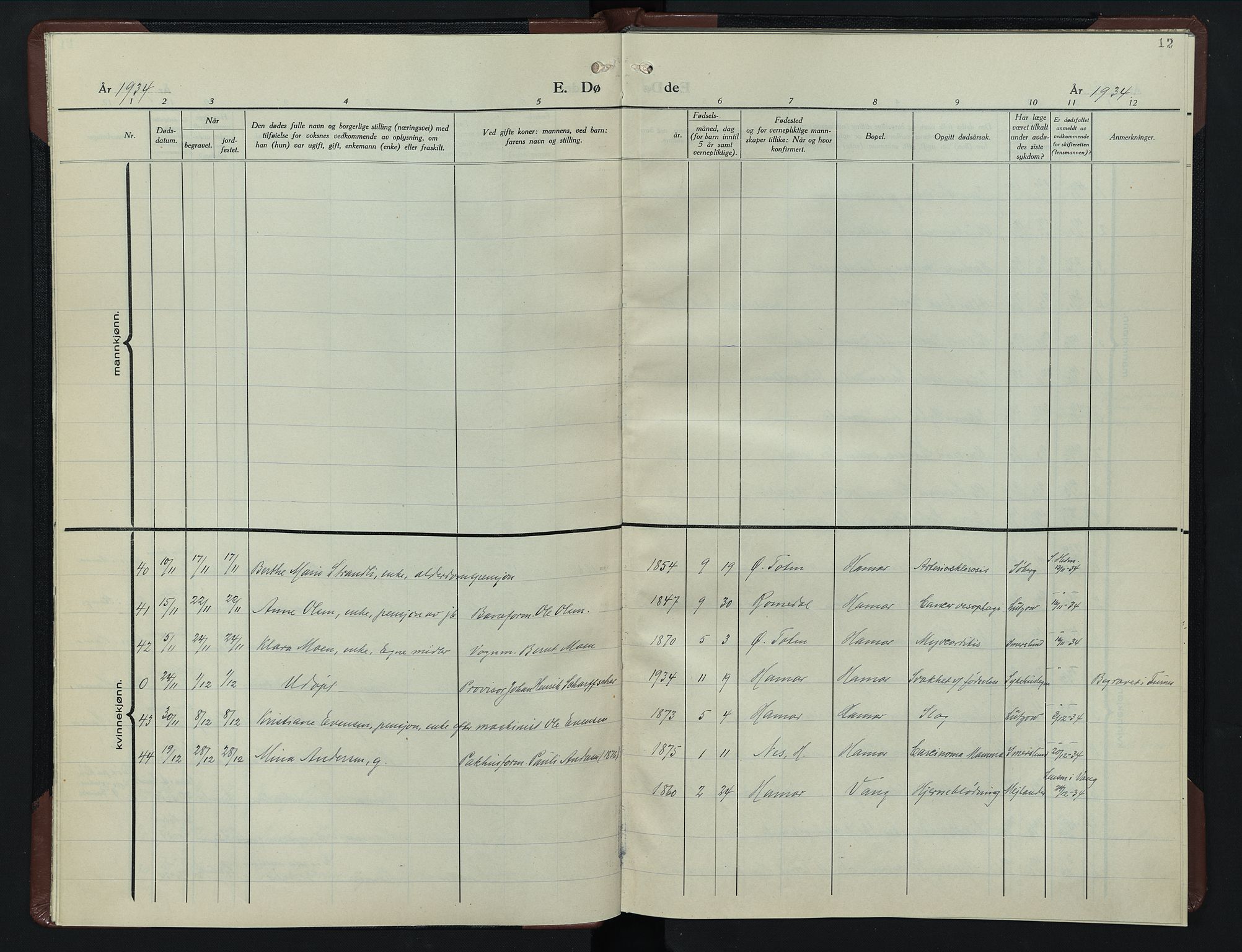 Hamar prestekontor, AV/SAH-DOMPH-002/H/Ha/Hab/L0007: Klokkerbok nr. 7, 1933-1950, s. 12
