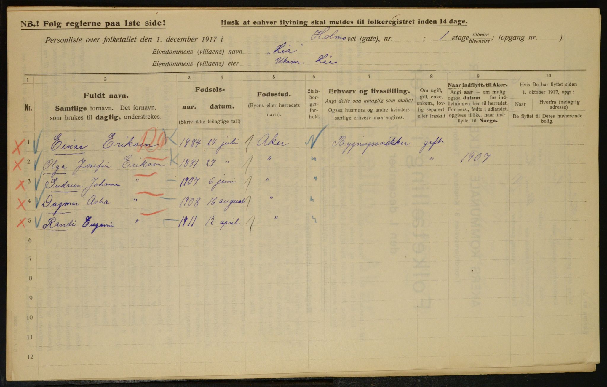 OBA, Kommunal folketelling 1.12.1917 for Aker, 1917, s. 16332