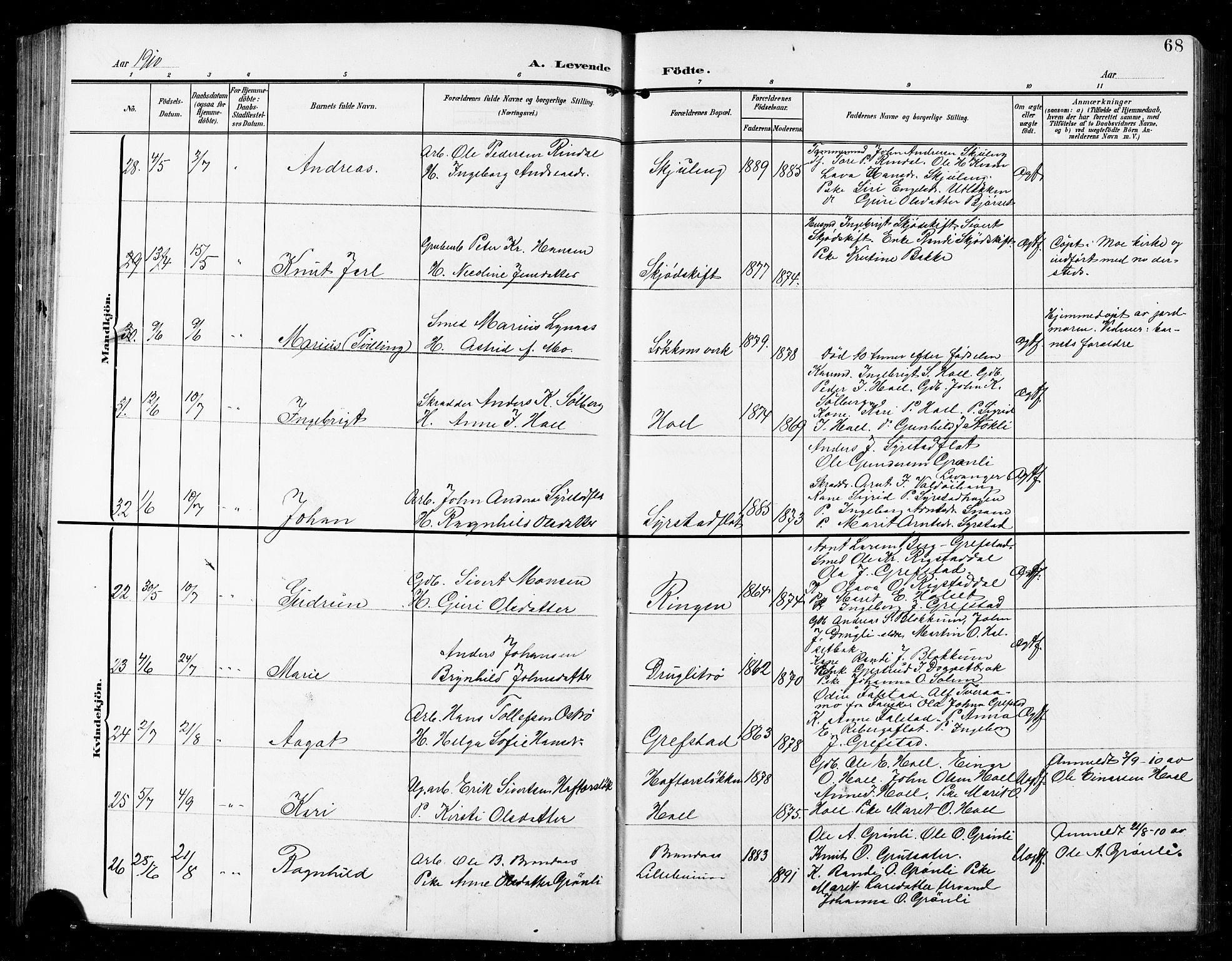 Ministerialprotokoller, klokkerbøker og fødselsregistre - Sør-Trøndelag, SAT/A-1456/672/L0864: Klokkerbok nr. 672C03, 1902-1914, s. 68