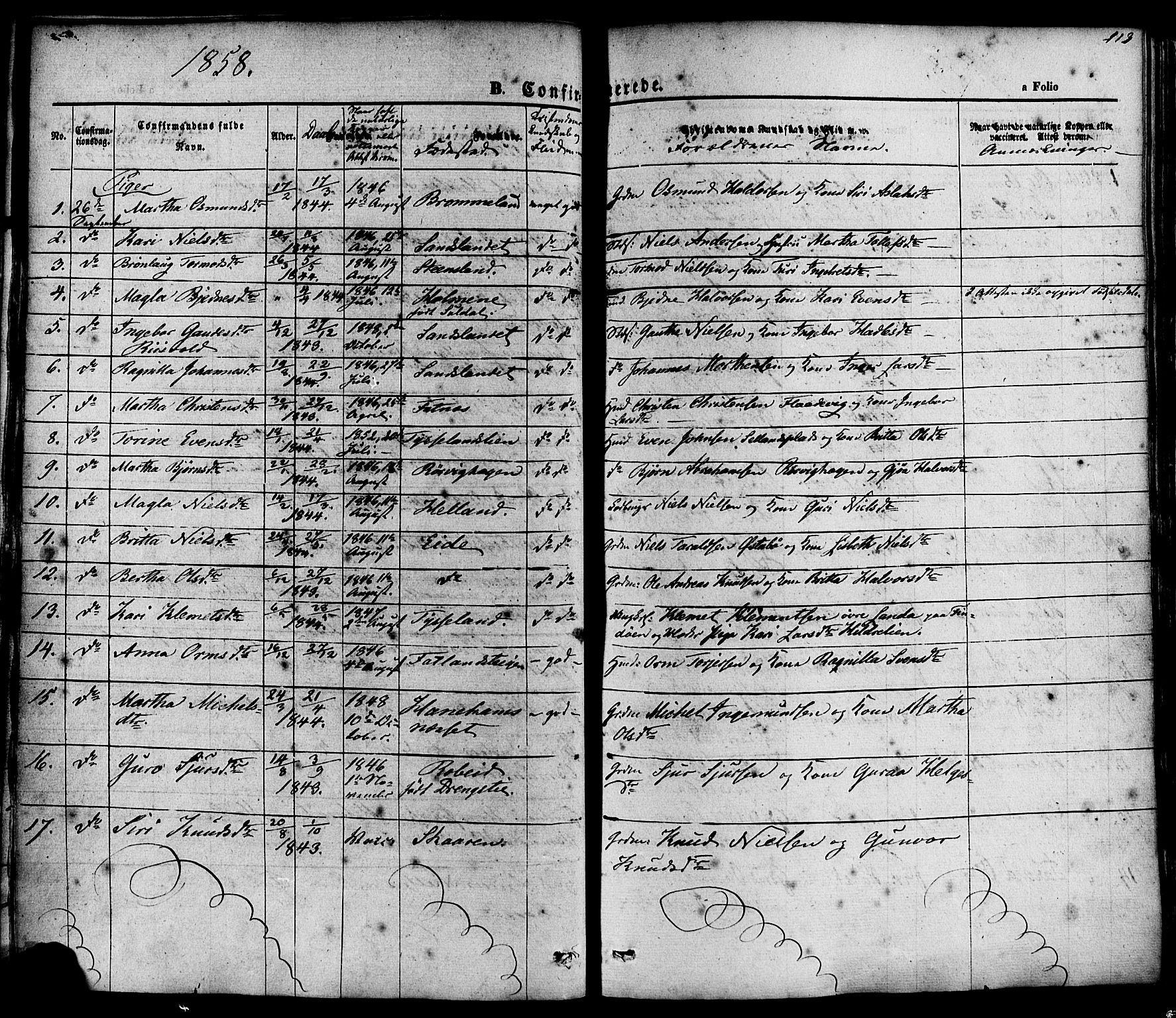 Sand sokneprestkontor, AV/SAST-A-101848/01/III/L0003: Ministerialbok nr. A 3, 1854-1879, s. 113