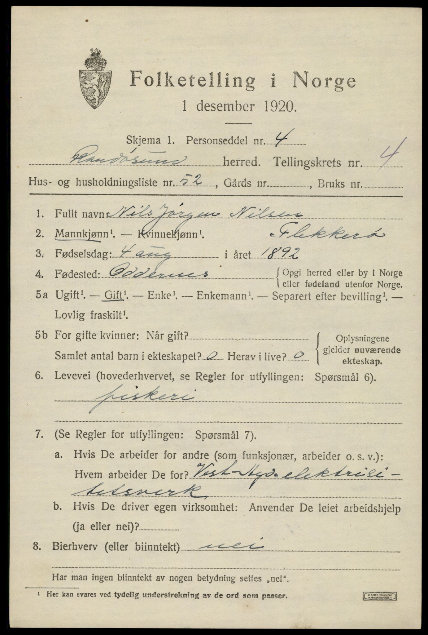 SAK, Folketelling 1920 for 1011 Randesund herred, 1920, s. 2306