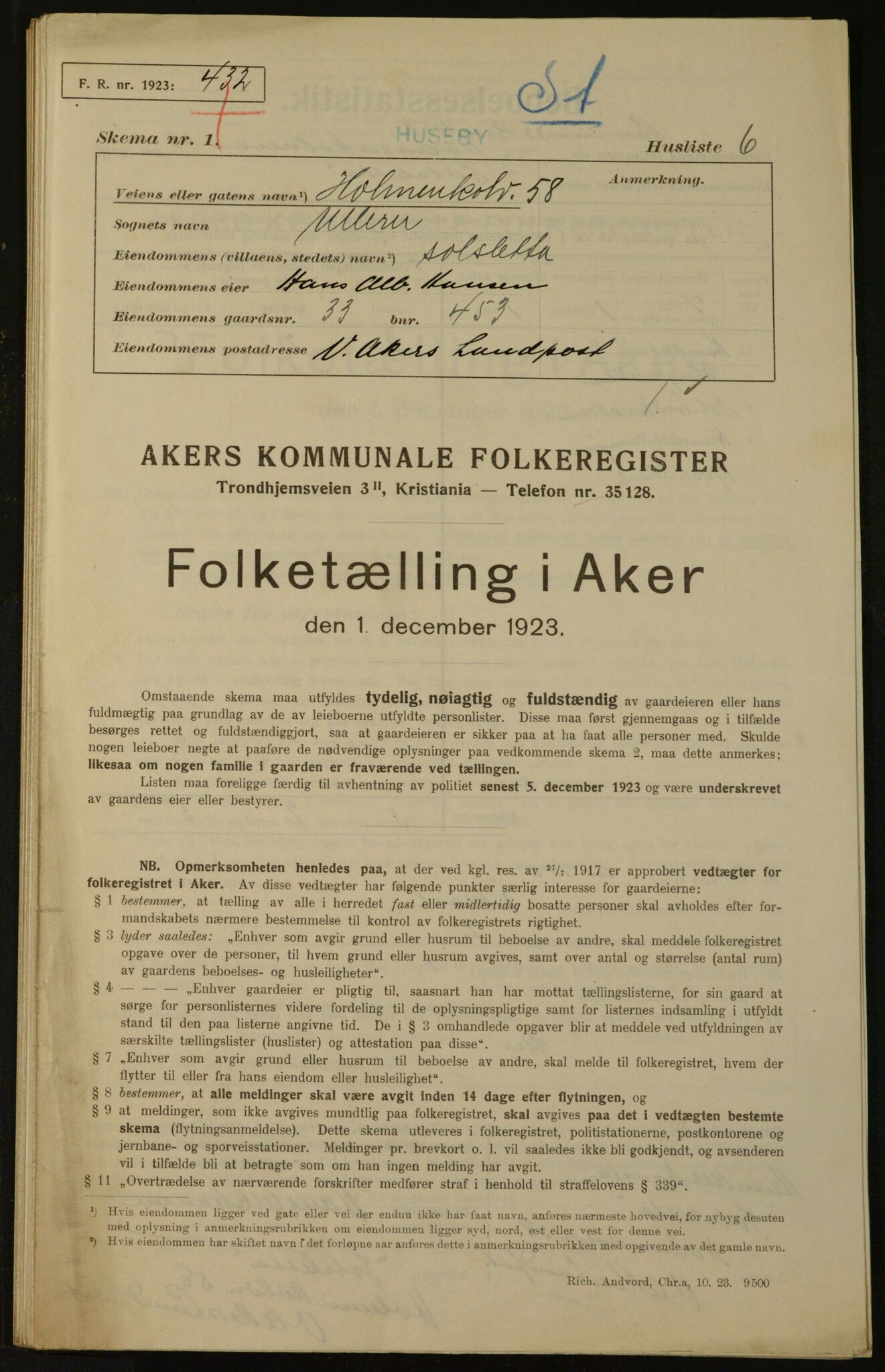 , Kommunal folketelling 1.12.1923 for Aker, 1923, s. 2679