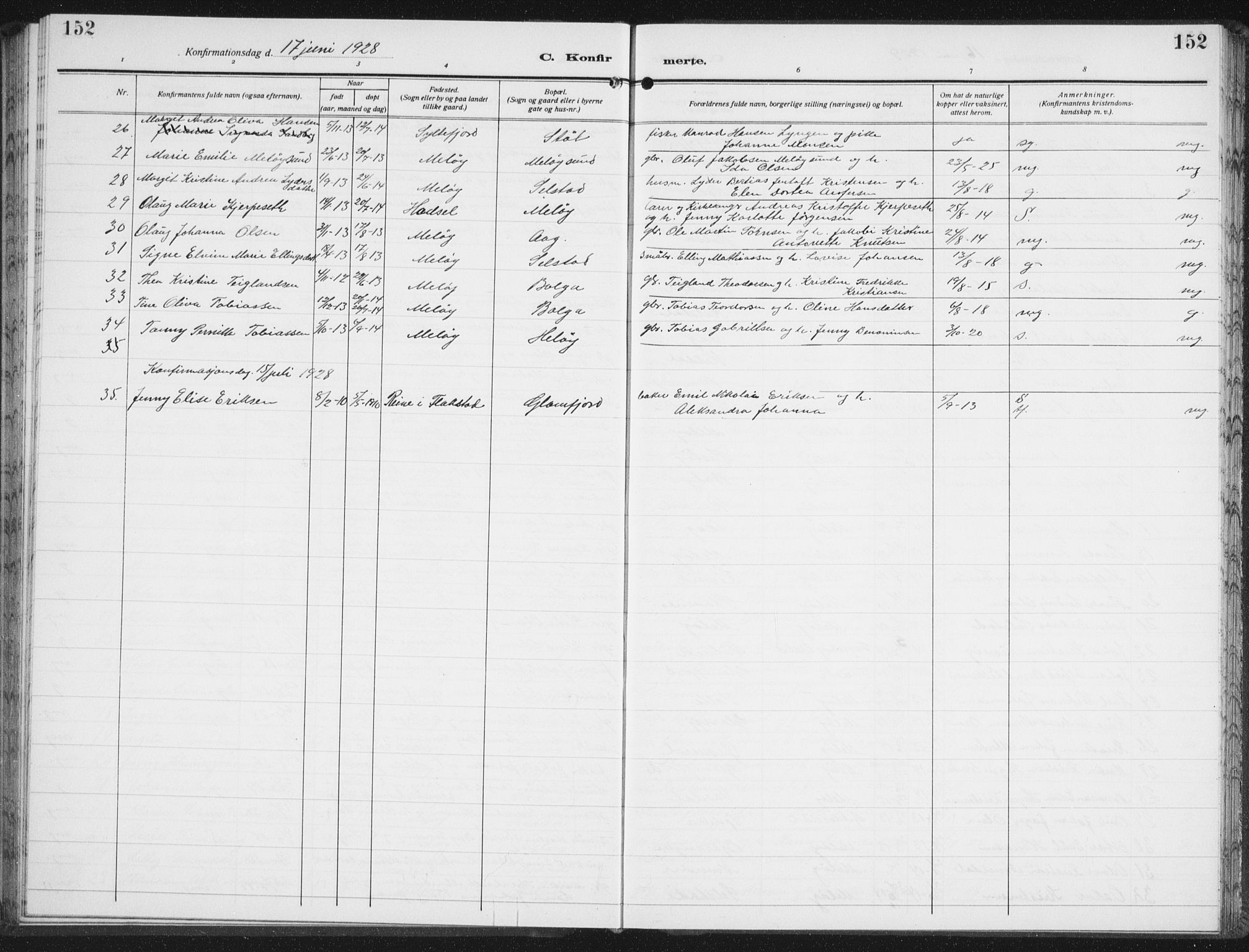 Ministerialprotokoller, klokkerbøker og fødselsregistre - Nordland, AV/SAT-A-1459/843/L0640: Klokkerbok nr. 843C09, 1925-1941, s. 152