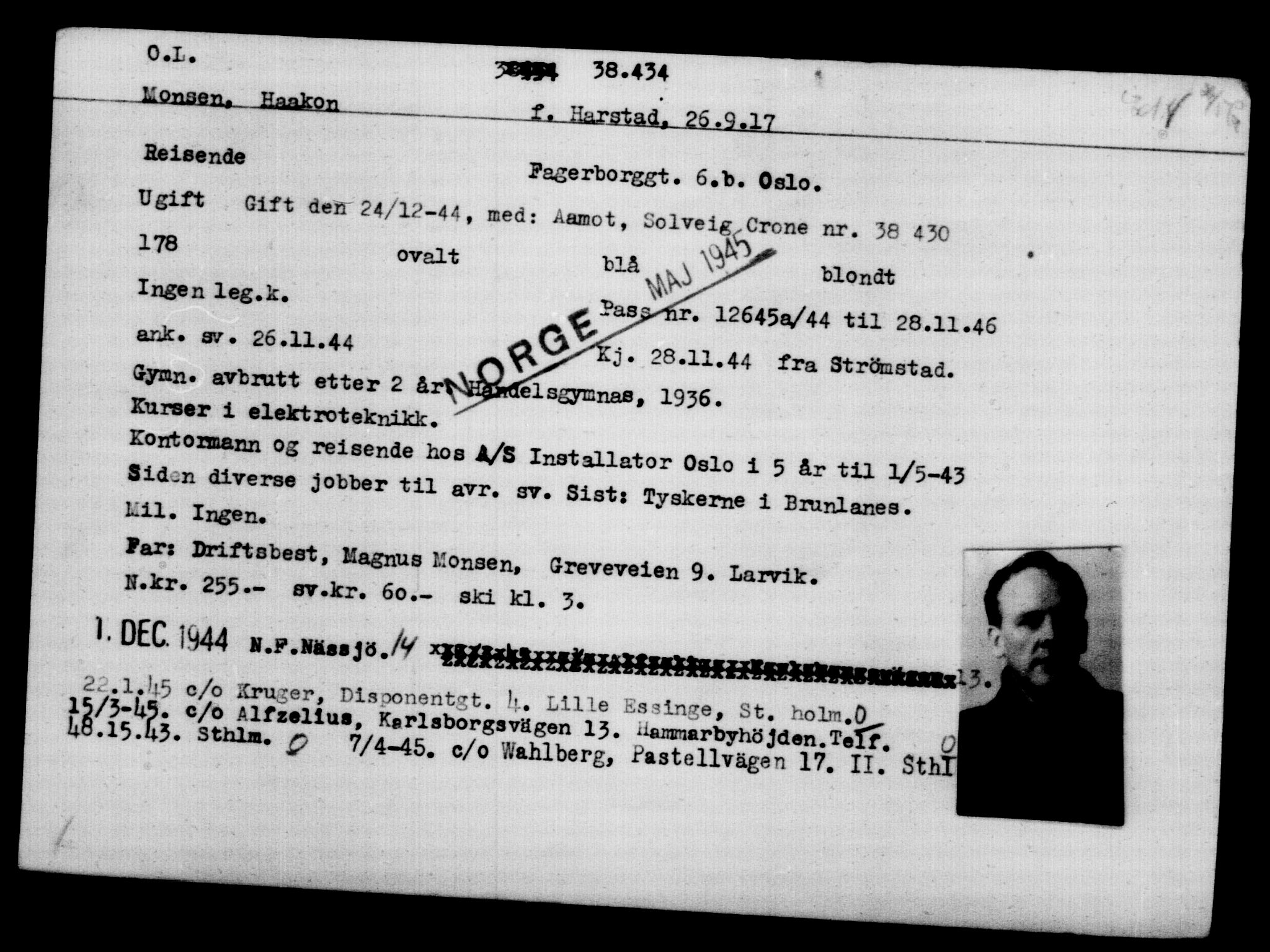 Utenriksstasjonene, Legasjonen i Stockholm, Flyktningkontoret, AV/RA-S-6753/V/Va/L0015: Kjesäterkartoteket, flyktninger med registreringsnr. 37800-40770, 1940-1945, s. 647