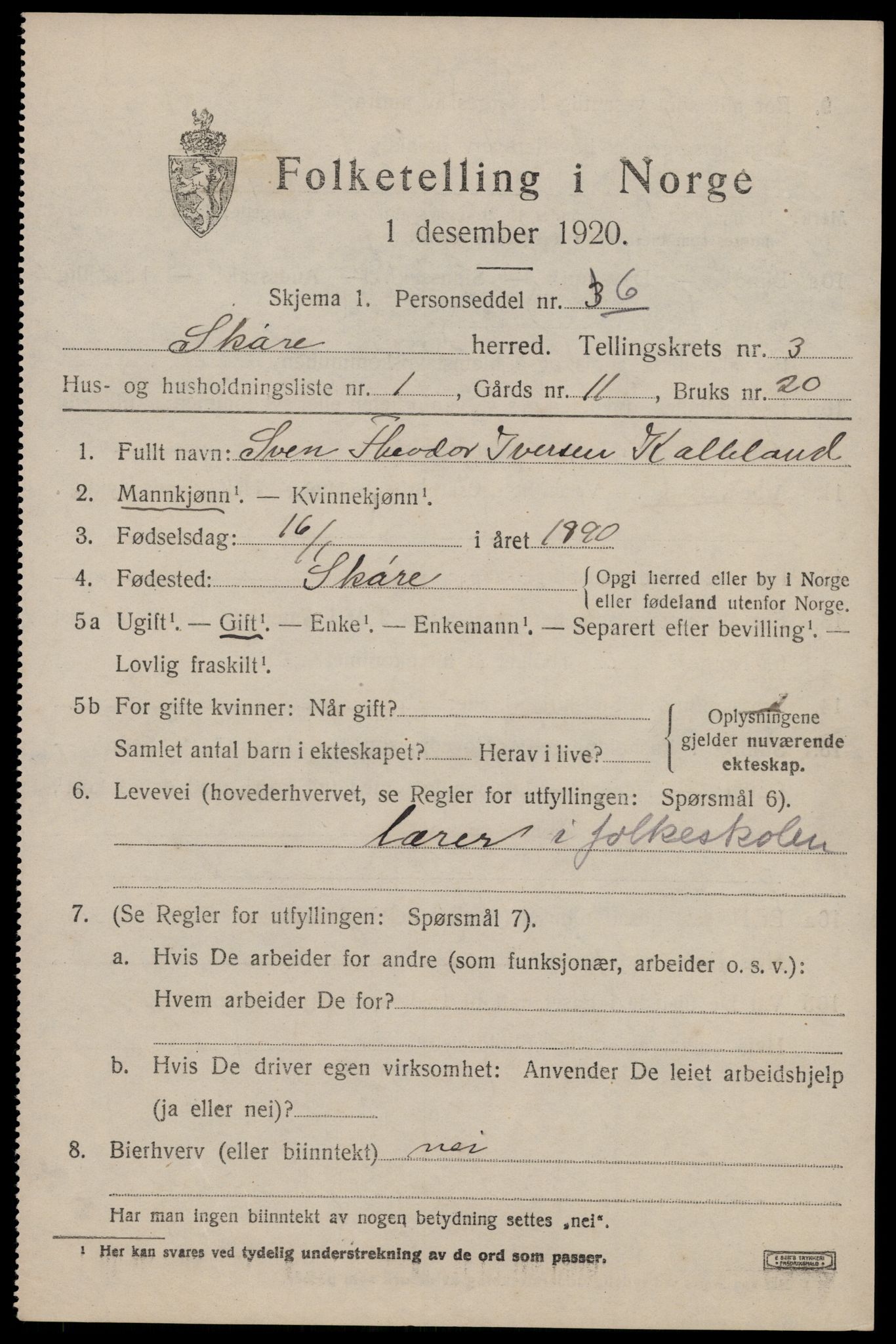 SAST, Folketelling 1920 for 1153 Skåre herred, 1920, s. 1634