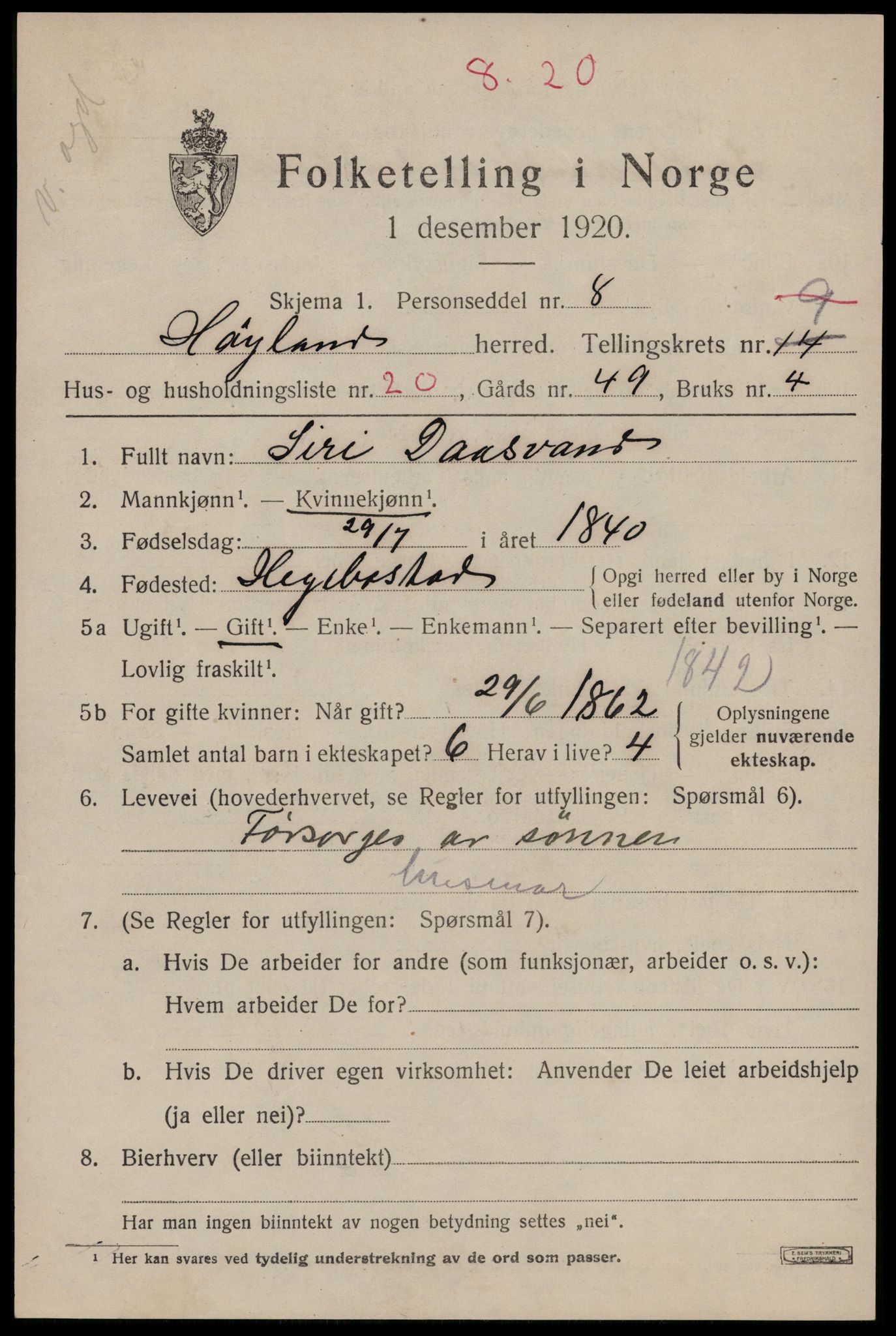 SAST, Folketelling 1920 for 1123 Høyland herred, 1920, s. 5466