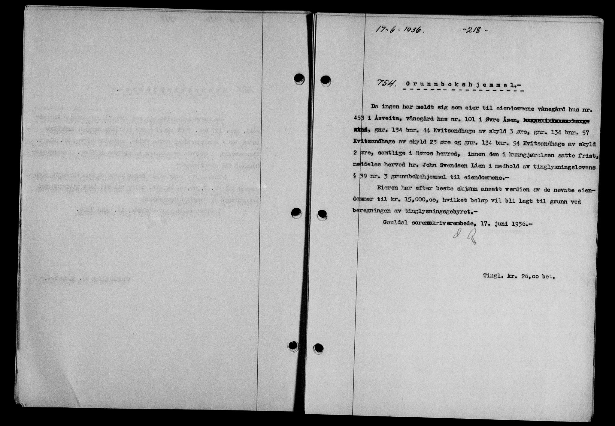 Gauldal sorenskriveri, SAT/A-0014/1/2/2C/L0046: Pantebok nr. 49-50, 1936-1937, Dagboknr: 754/1936