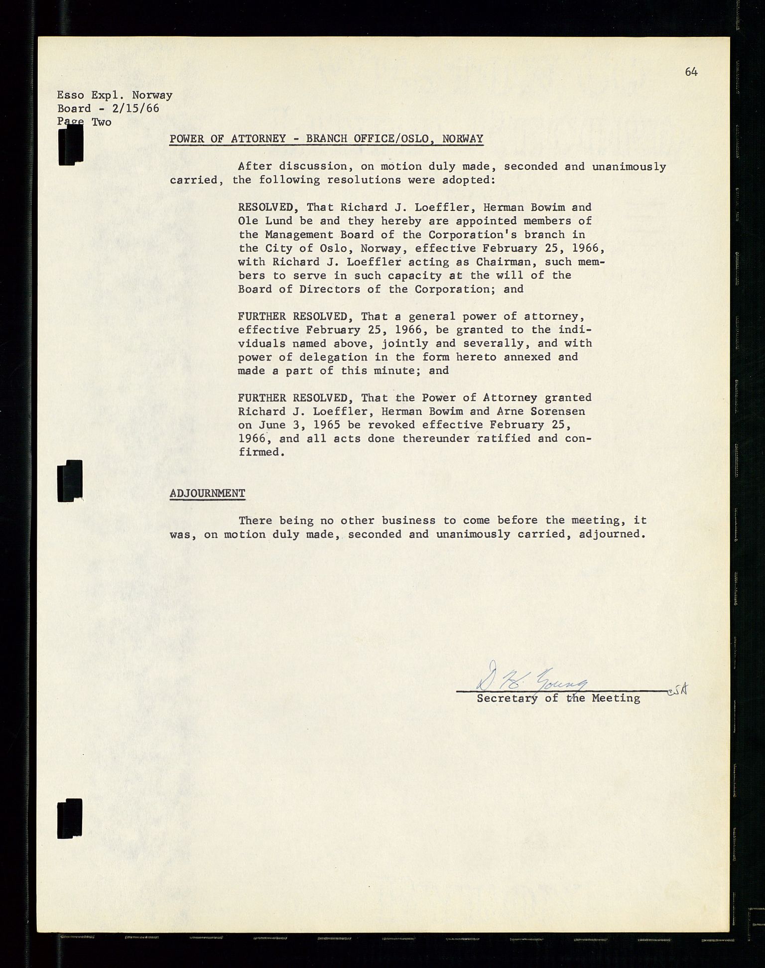 Pa 1512 - Esso Exploration and Production Norway Inc., AV/SAST-A-101917/A/Aa/L0001/0001: Styredokumenter / Corporate records, By-Laws, Board meeting minutes, Incorporations, 1965-1975, s. 64