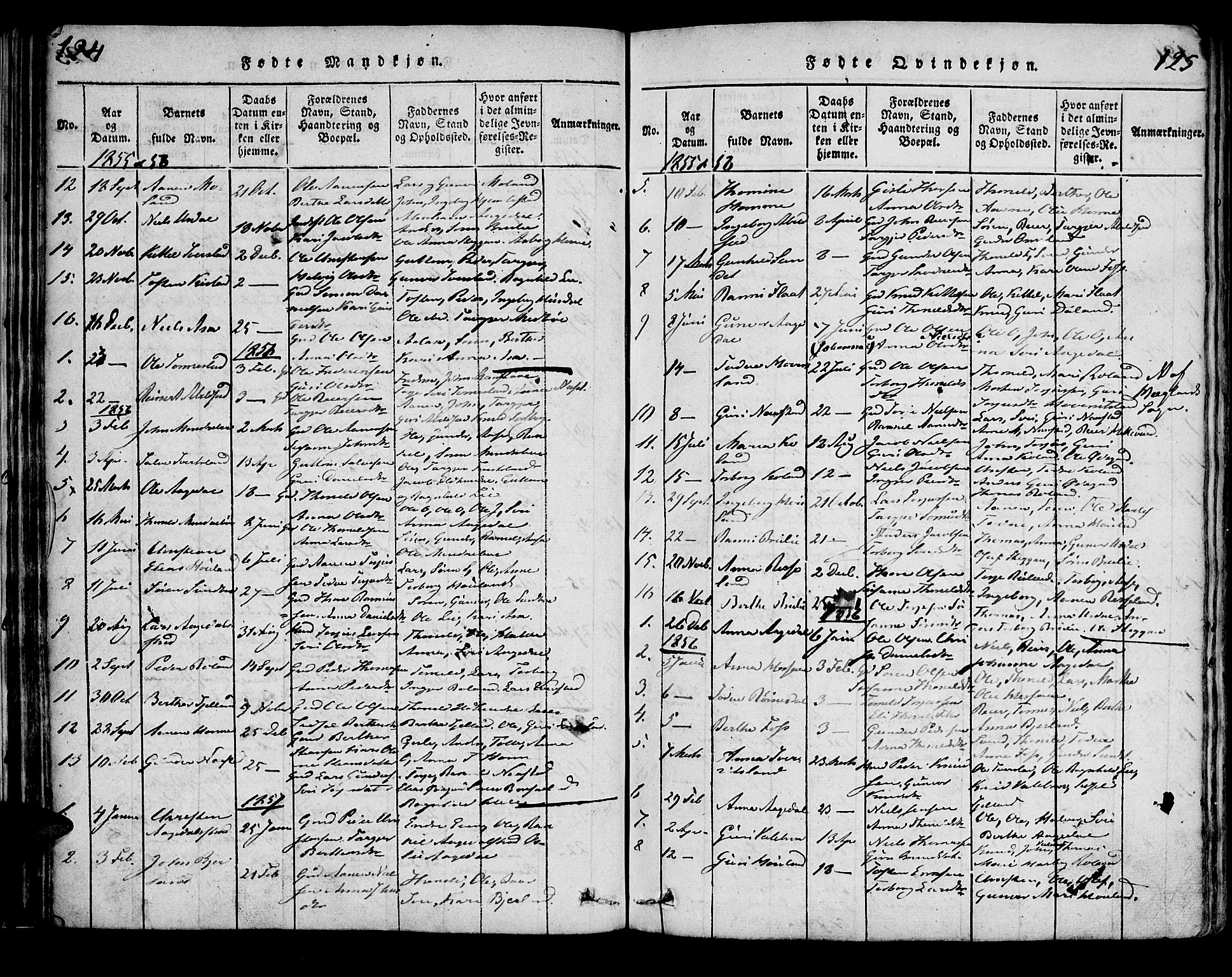 Bjelland sokneprestkontor, SAK/1111-0005/F/Fa/Faa/L0002: Ministerialbok nr. A 2, 1816-1866, s. 124-125