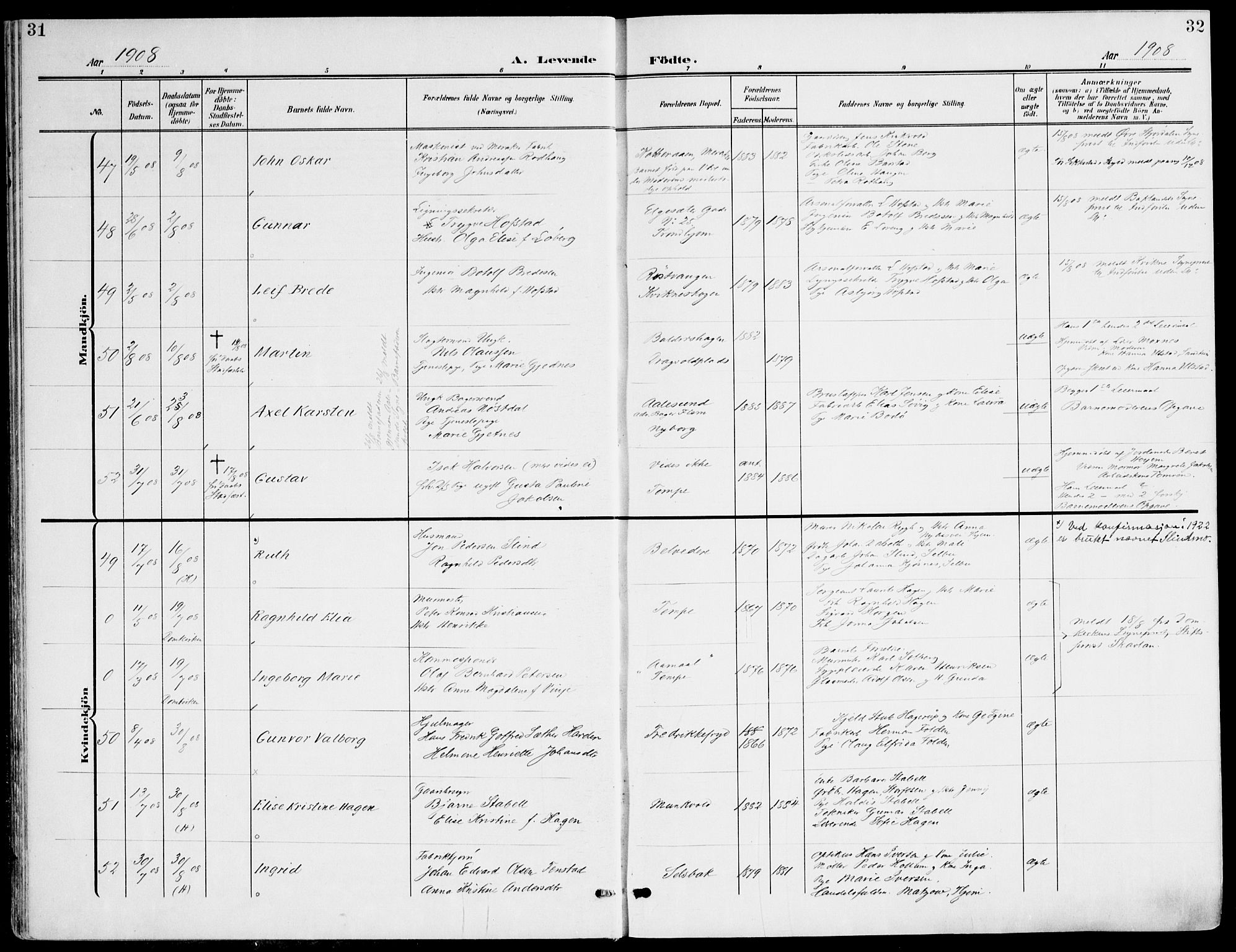 Ministerialprotokoller, klokkerbøker og fødselsregistre - Sør-Trøndelag, SAT/A-1456/607/L0320: Ministerialbok nr. 607A04, 1907-1915, s. 31-32