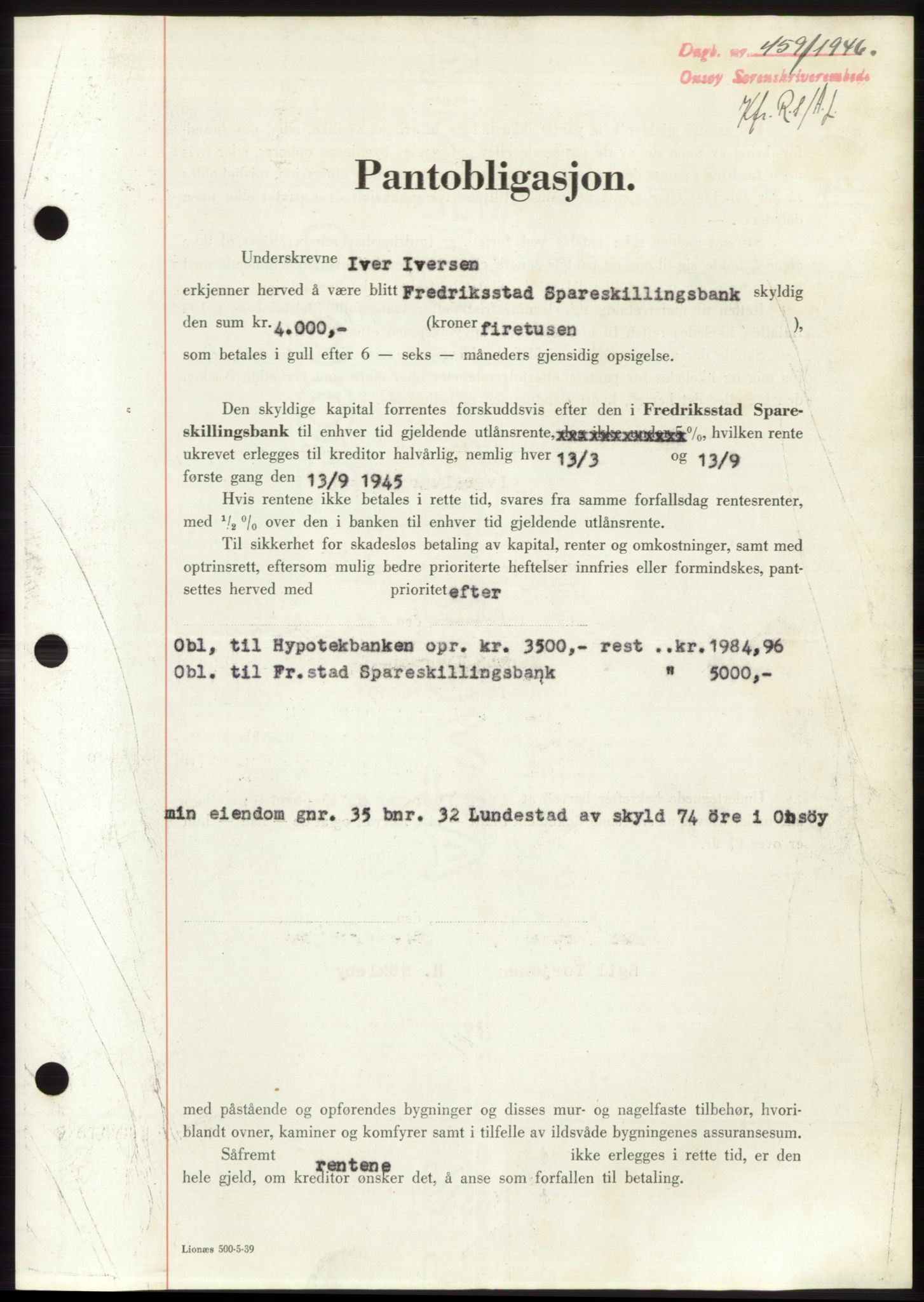 Onsøy sorenskriveri, SAO/A-10474/G/Ga/Gac/L0004: Pantebok nr. B4, 1944-1946, Dagboknr: 459/1946
