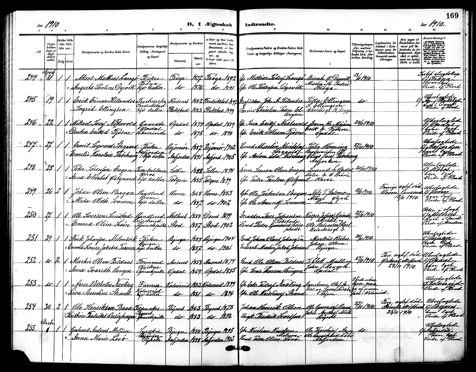 Ministerialprotokoller, klokkerbøker og fødselsregistre - Sør-Trøndelag, SAT/A-1456/601/L0095: Klokkerbok nr. 601C13, 1902-1911, s. 169