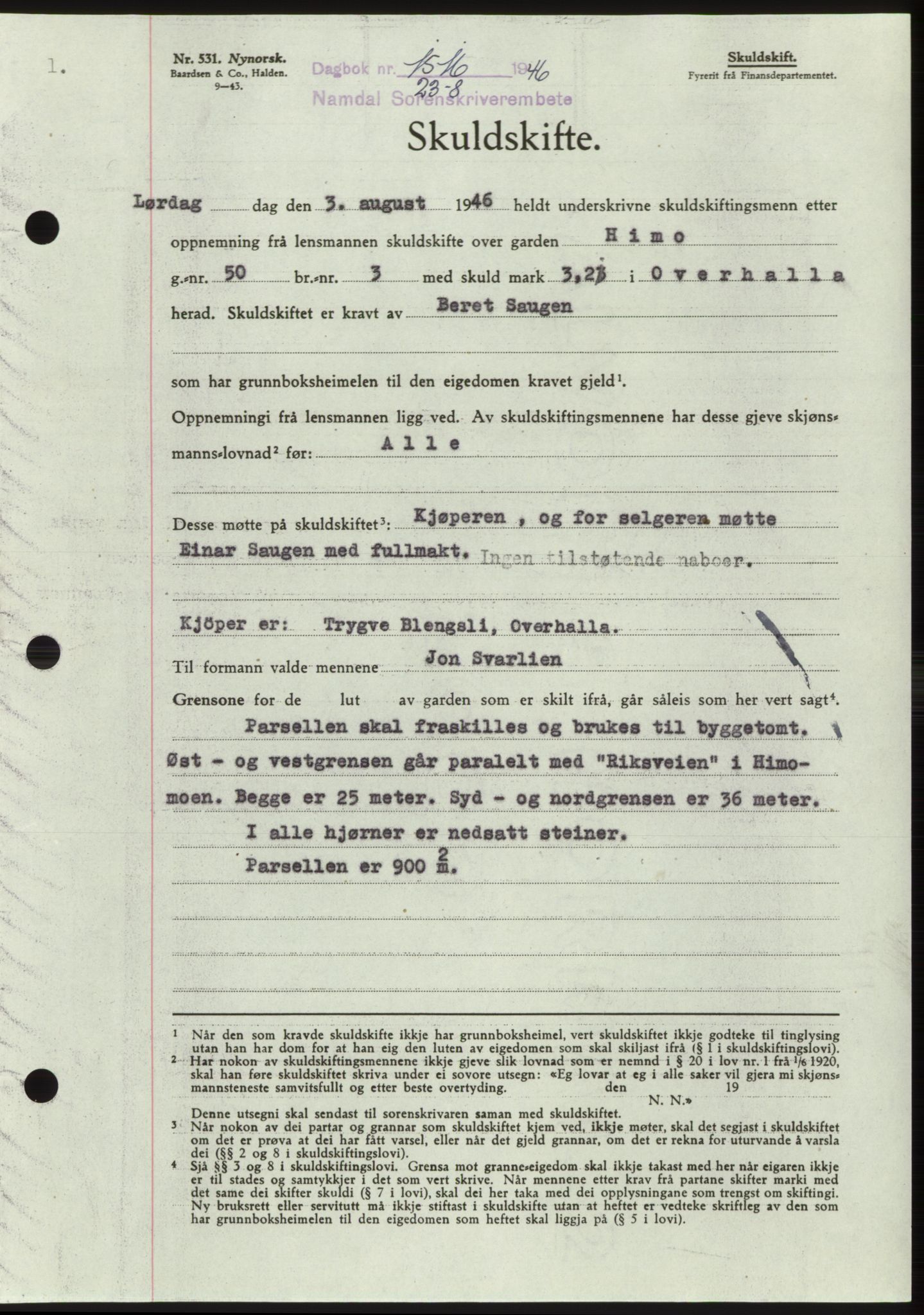 Namdal sorenskriveri, SAT/A-4133/1/2/2C: Pantebok nr. -, 1946-1946, Dagboknr: 1516/1946