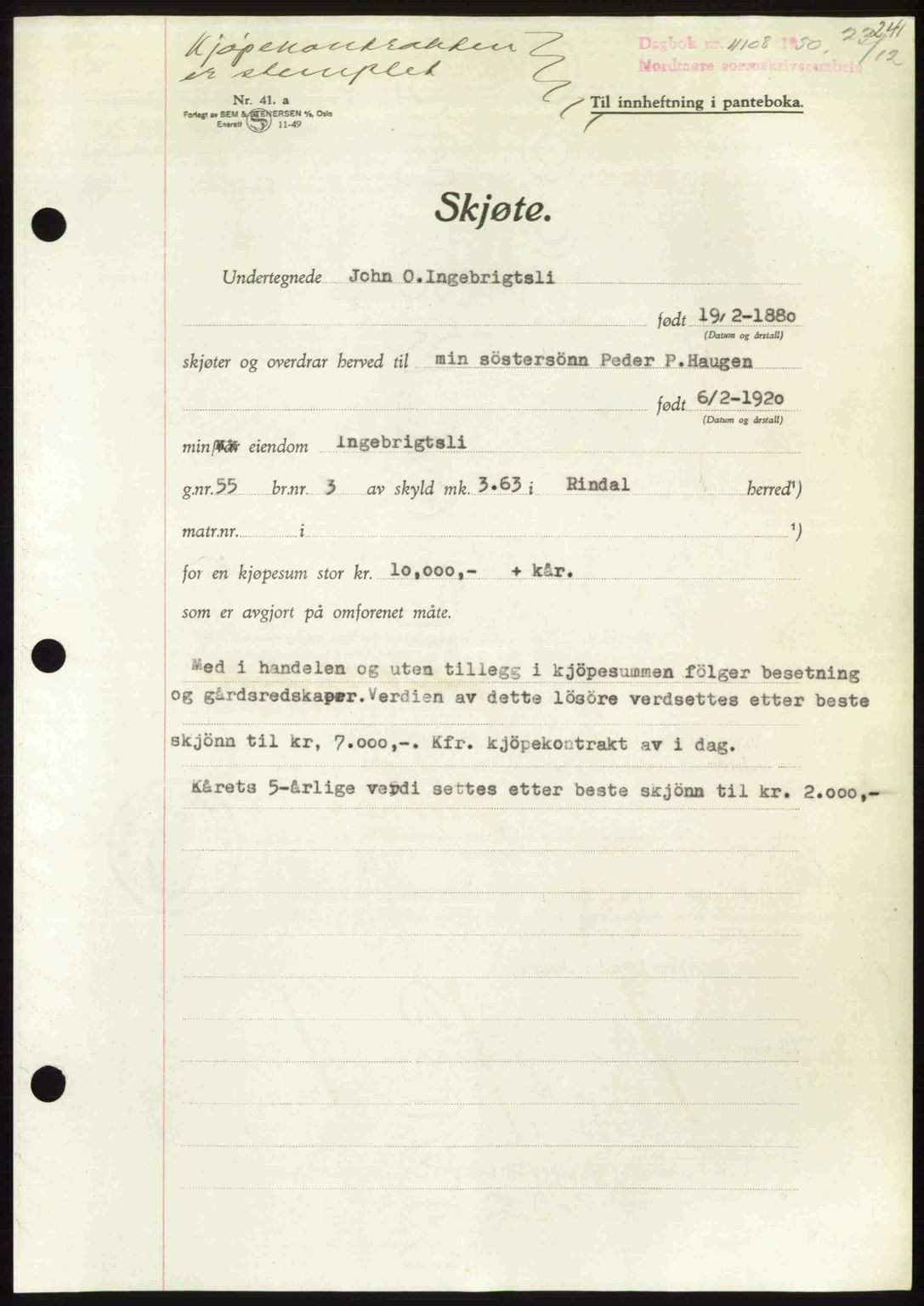 Nordmøre sorenskriveri, AV/SAT-A-4132/1/2/2Ca: Pantebok nr. A117, 1950-1950, Dagboknr: 4108/1950