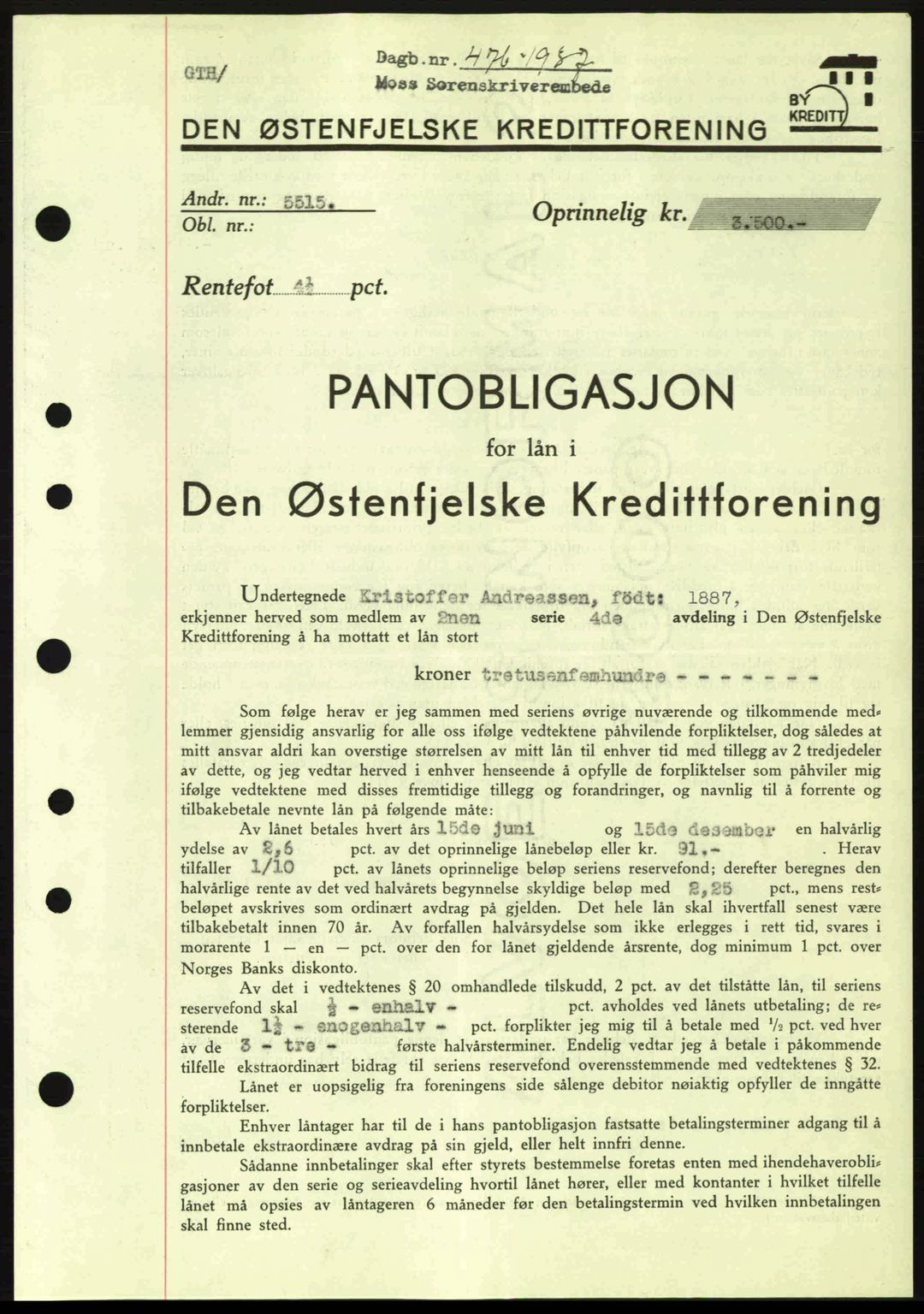 Moss sorenskriveri, SAO/A-10168: Pantebok nr. B3, 1937-1937, Dagboknr: 476/1937