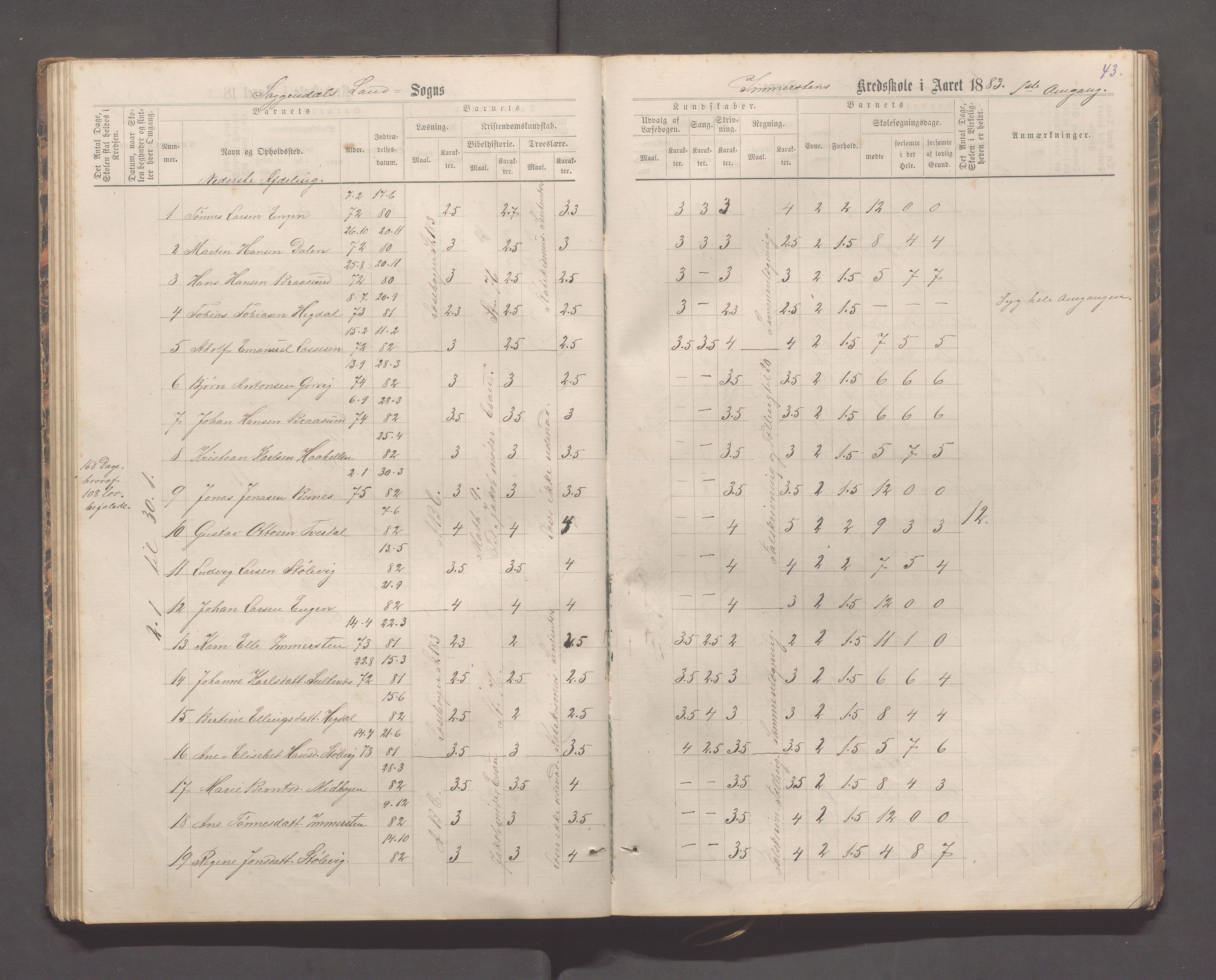 Sokndal kommune- Immerstein skole, IKAR/K-101146/H/L0001: Skoleprotokoll - Immerstein, Drageland, 1878-1886, s. 43